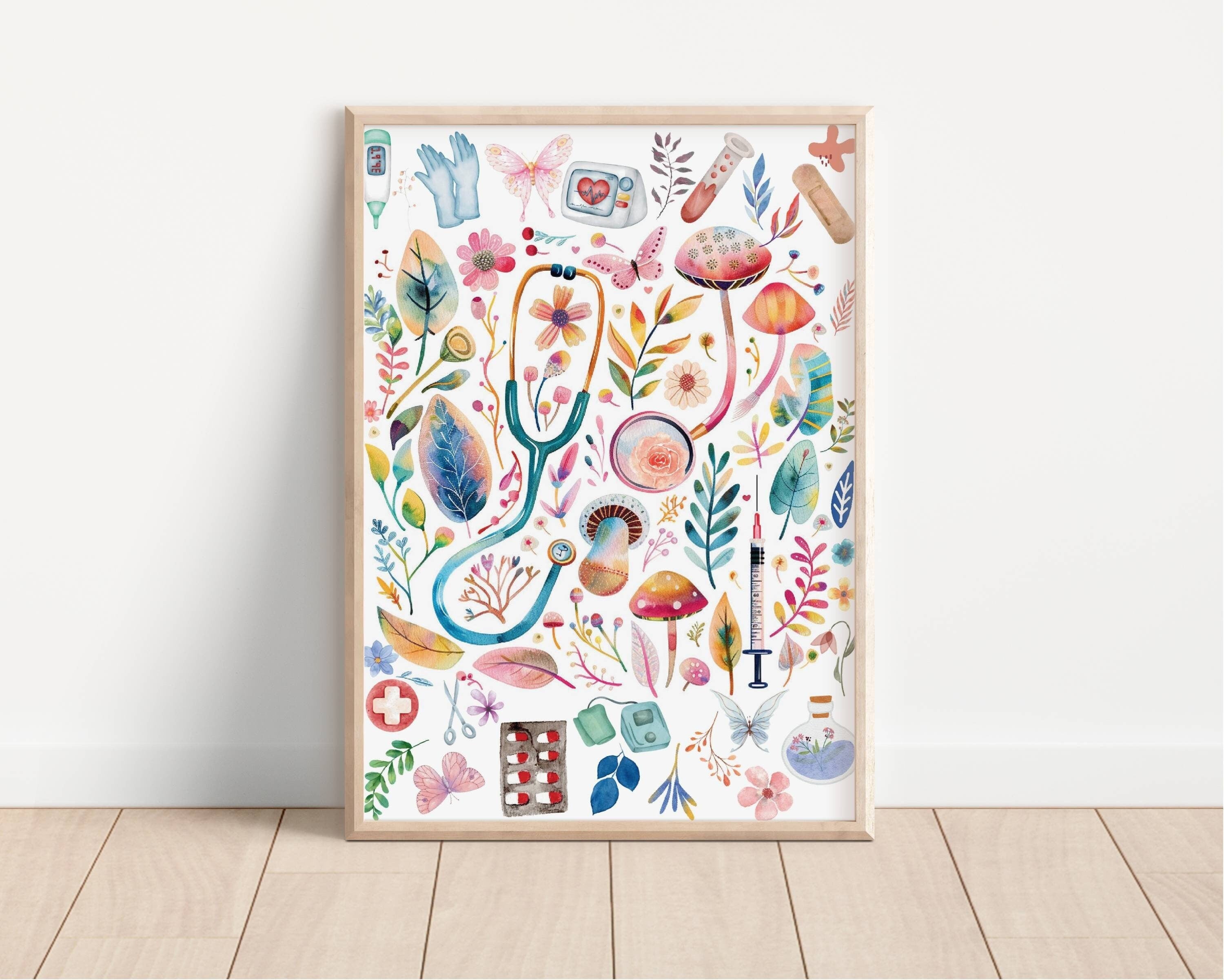 Watercolor Nurse Tools Garden Canvas Wall Art, Clinic Decor