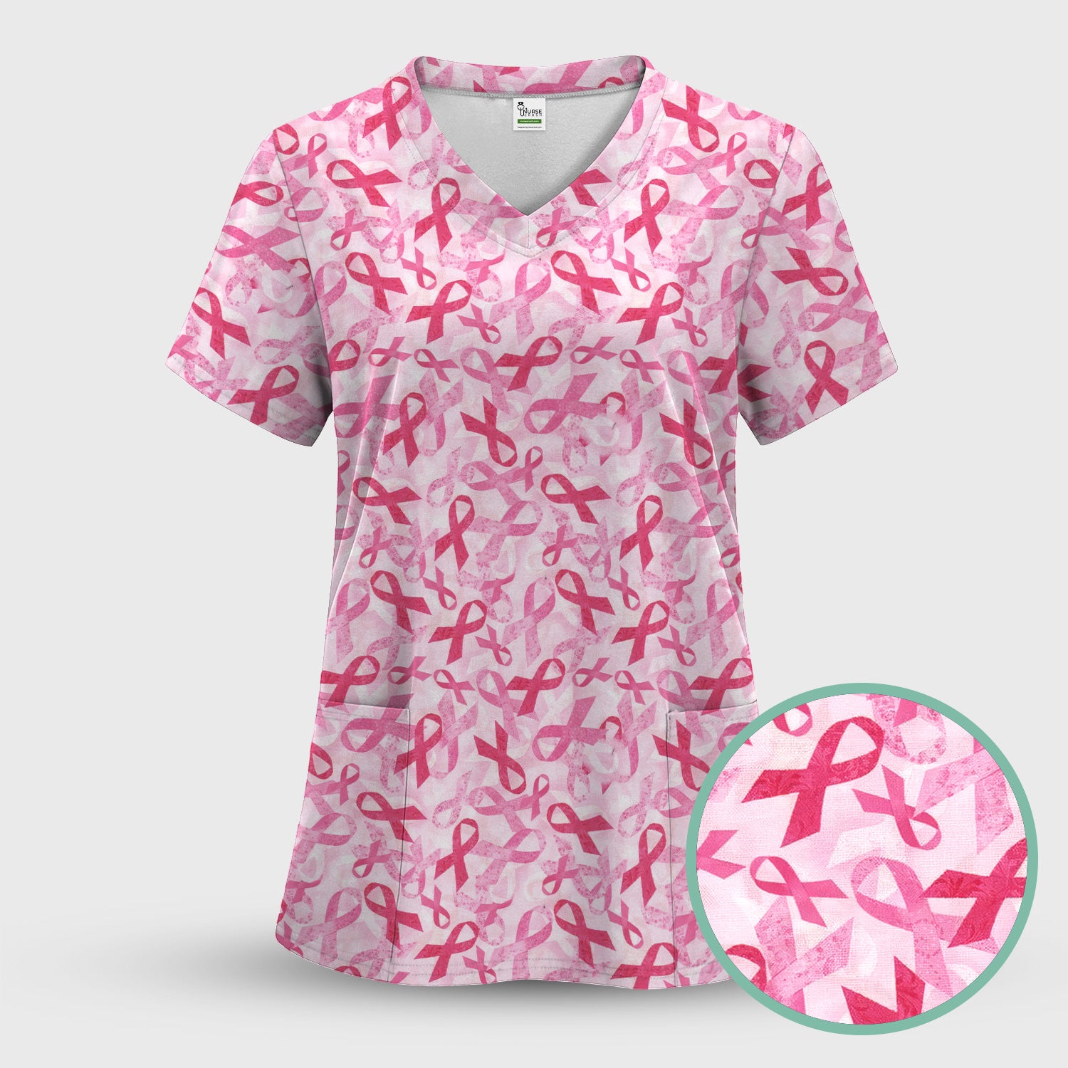 Breast Cancer Awareness Scrub Top - Pink Ribbon Nurse Shirt All Over Print - RN CNA LPN Gift