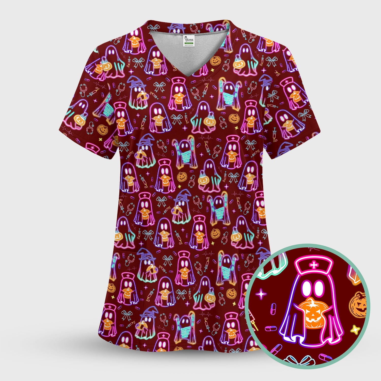 Spooky Neon Ghost Nurse Scrub Top - Halloween Pumpkin Nursing Shirt for Women - Cute Medical Uniform RN CNA LPN Gift