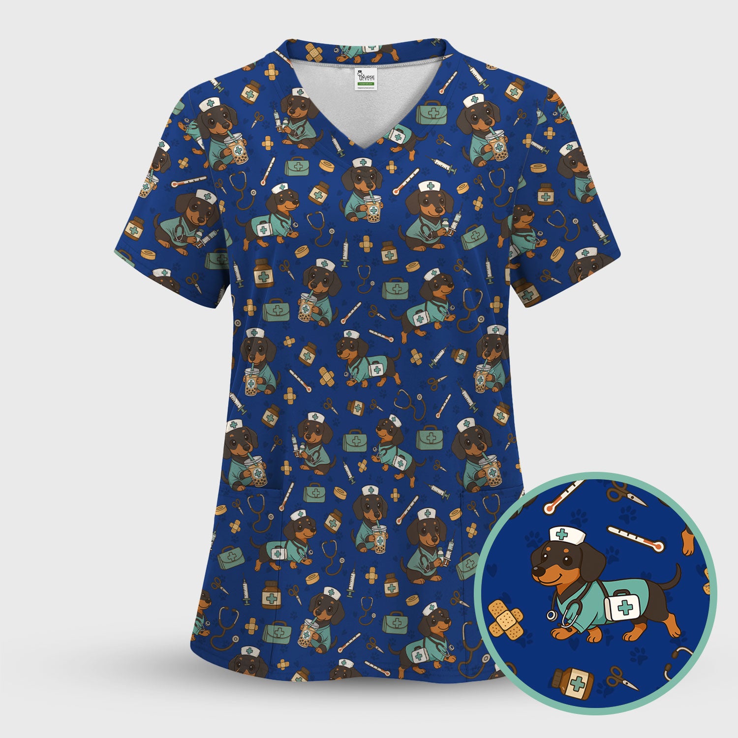 Funny Dachshund Nurse Scrubs - Cute Dog Print Medical Shirt - Holiday Nurse Scrub Top Gift for RN CNA Doctor, Women & Men
