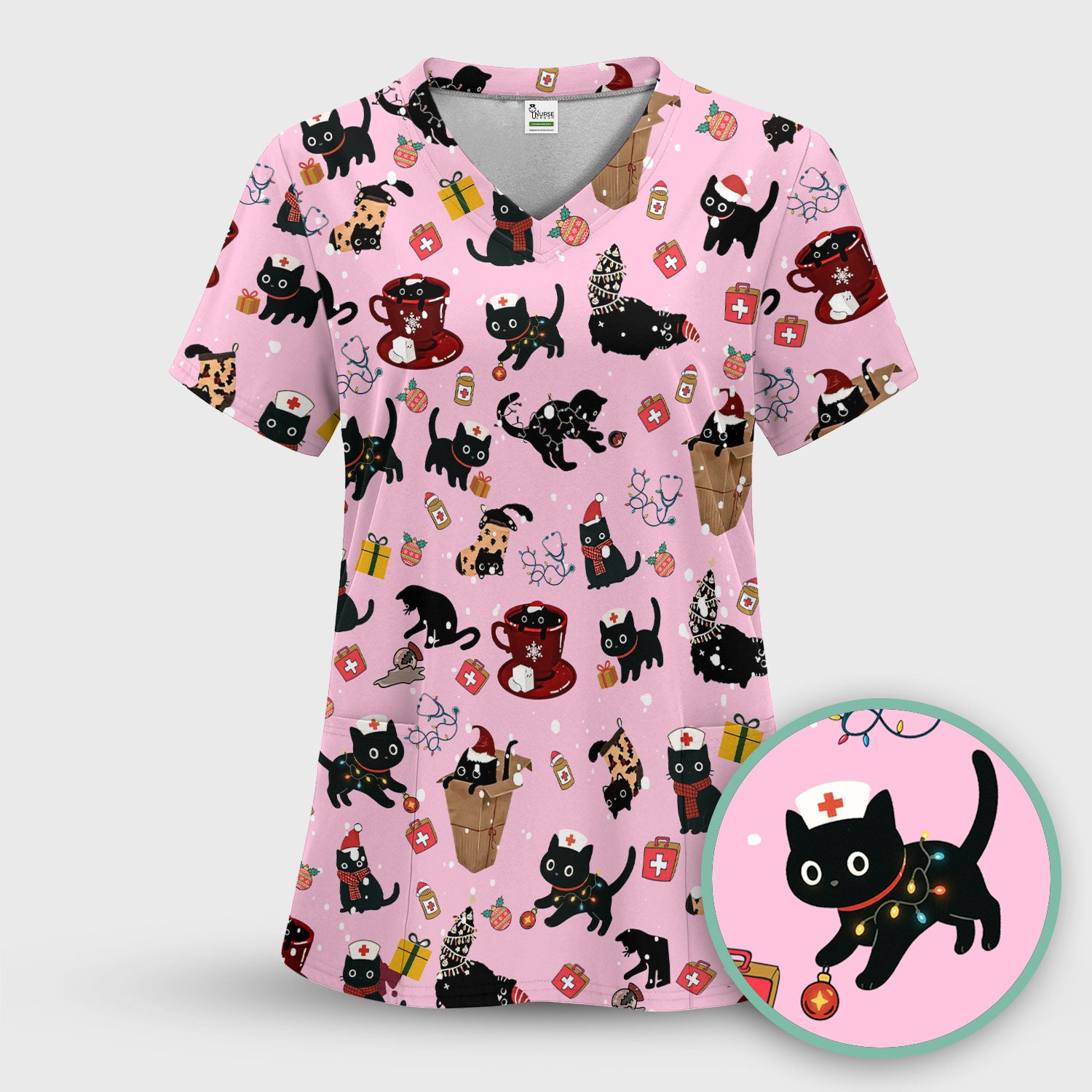 Christmas Cat Scrub Top for Nurse - Funny Black Cats Shirt - Cute Holiday Medical Uniform for Women