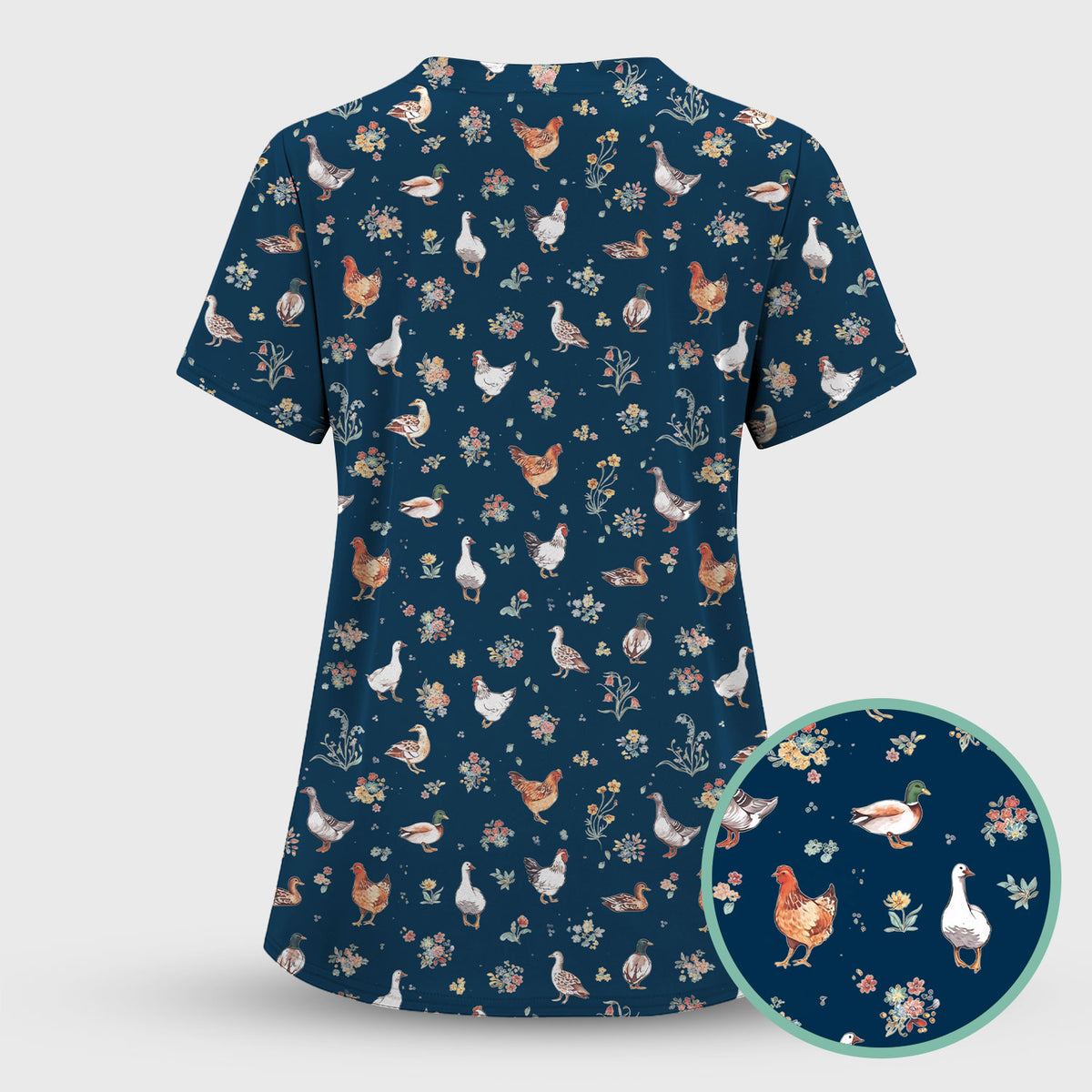 Farm Chicken Duck Floral Pattern Scrubs Sets, Scrub Pants and V Neck Top