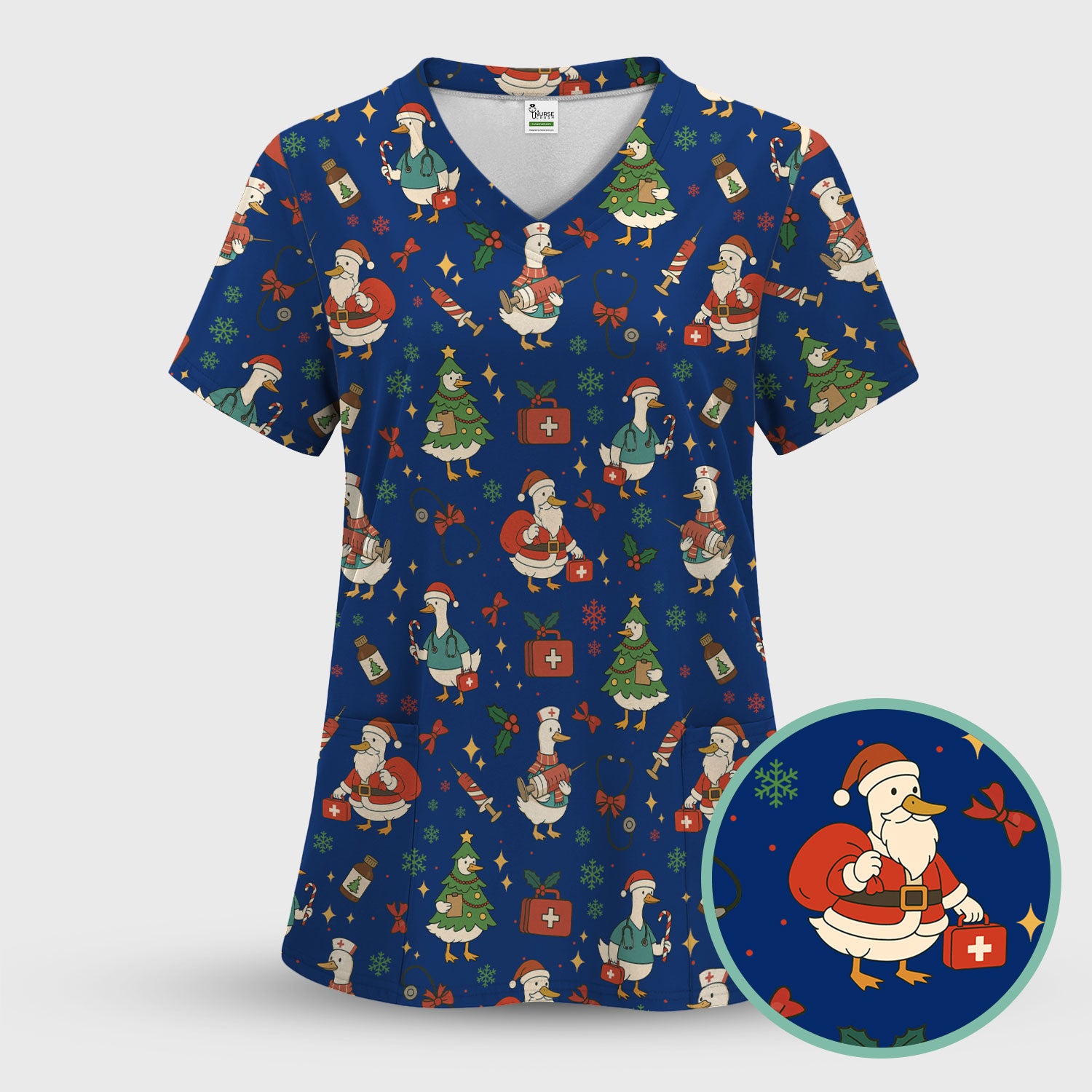 Christmas Duck Nurse Scrub Top for Women - Cute Santa Claus Pattern - Funny Holiday Nursing Shirt Gift for RN LPN CNA