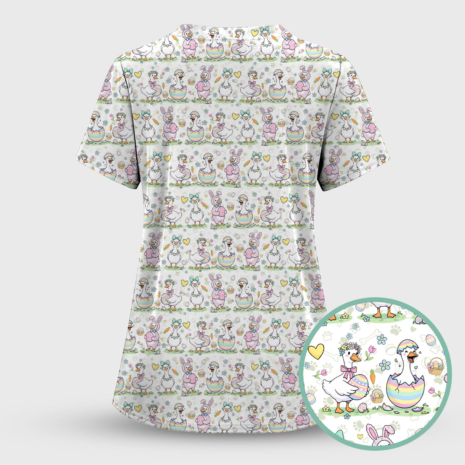 Pastel Easter Goose Bunny Egg Pattern Scrub Top, Comfortable Scrubs for Nurses