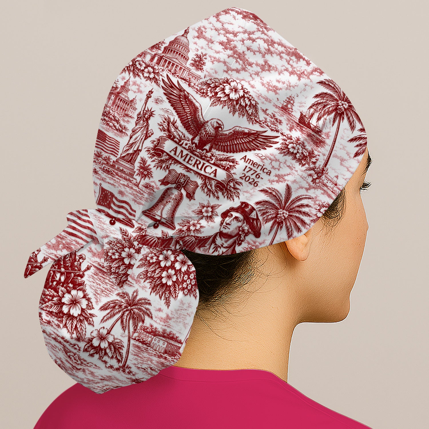 Patriotic America Heritage Toile Pattern Cap, Bouffant Scrub Caps for Women