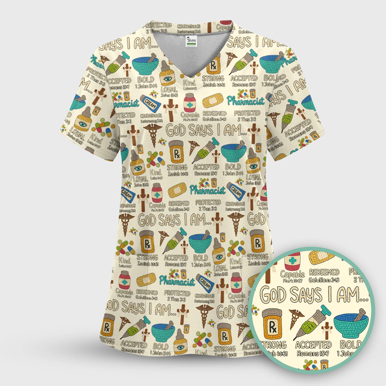 God Says I Am Pharmacist Scrub Top - Christian Pharmacy Scrubs for Women - Faith Inspired Medical Uniform - Bible Verse Nurse Shirt