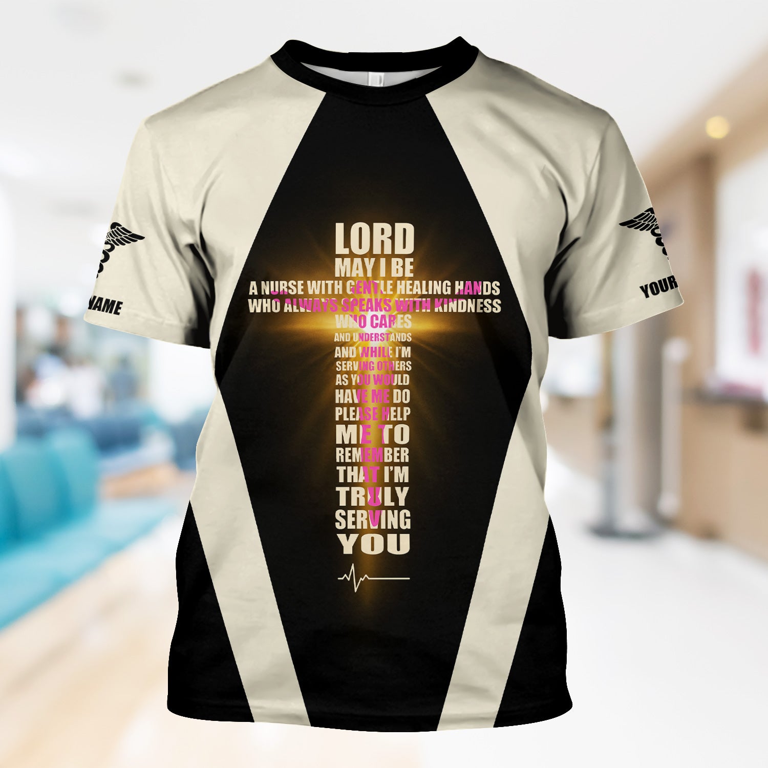 Personalized Christian Nurse Scrub Top - Lord Prayer Healing Hands Quote - Gift for RN LPN CNA Healthcare Workers