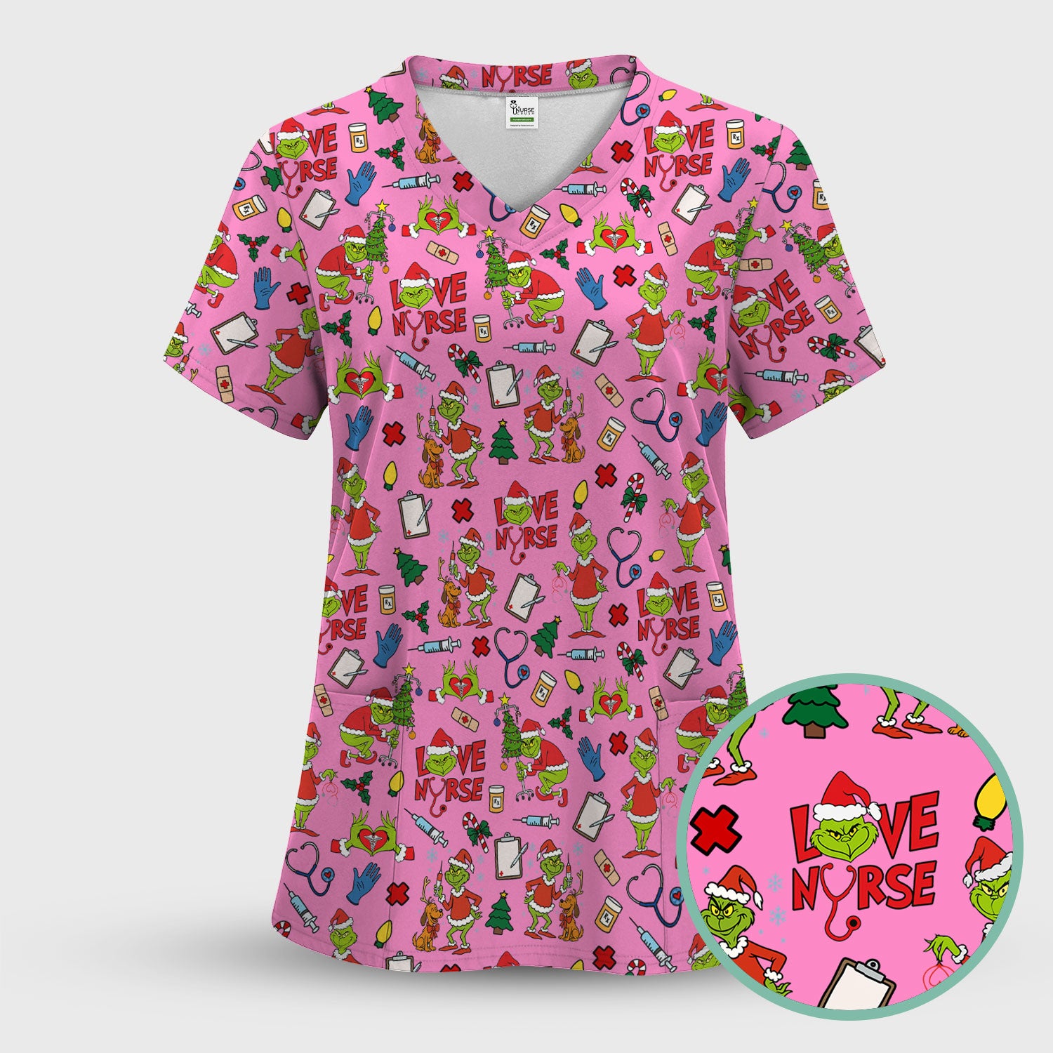 Funny Grinch Love Nurse Scrub Top - Multi Color Christmas Scrub Shirt - Cute Holiday Nursing Workwear with Pockets for Women