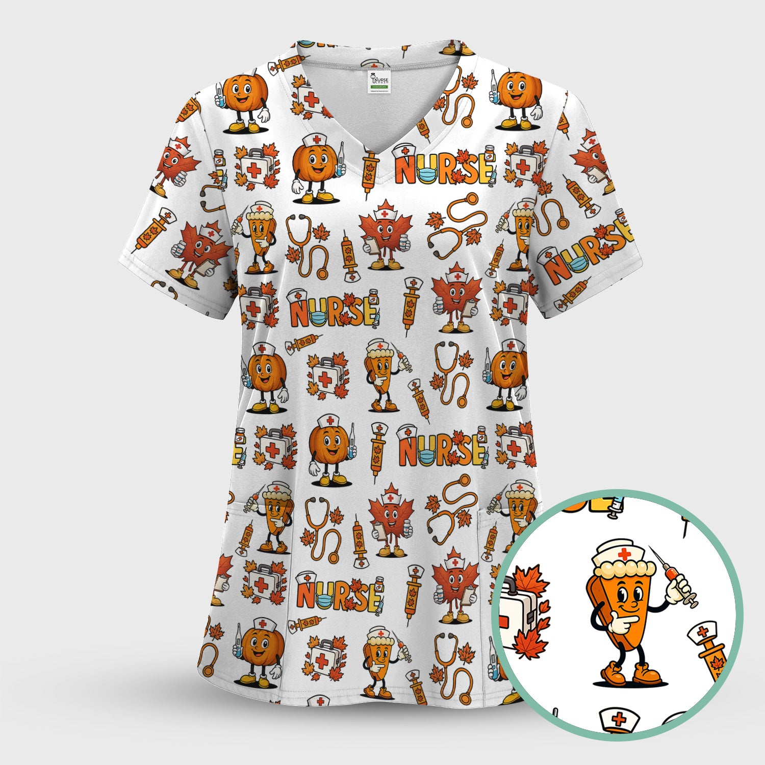 Pumpkin Nurse Scrubs Top for Women - Cute Halloween Nursing Shirt - Funny Fall Scrub Top for Nurses and Medical Workers