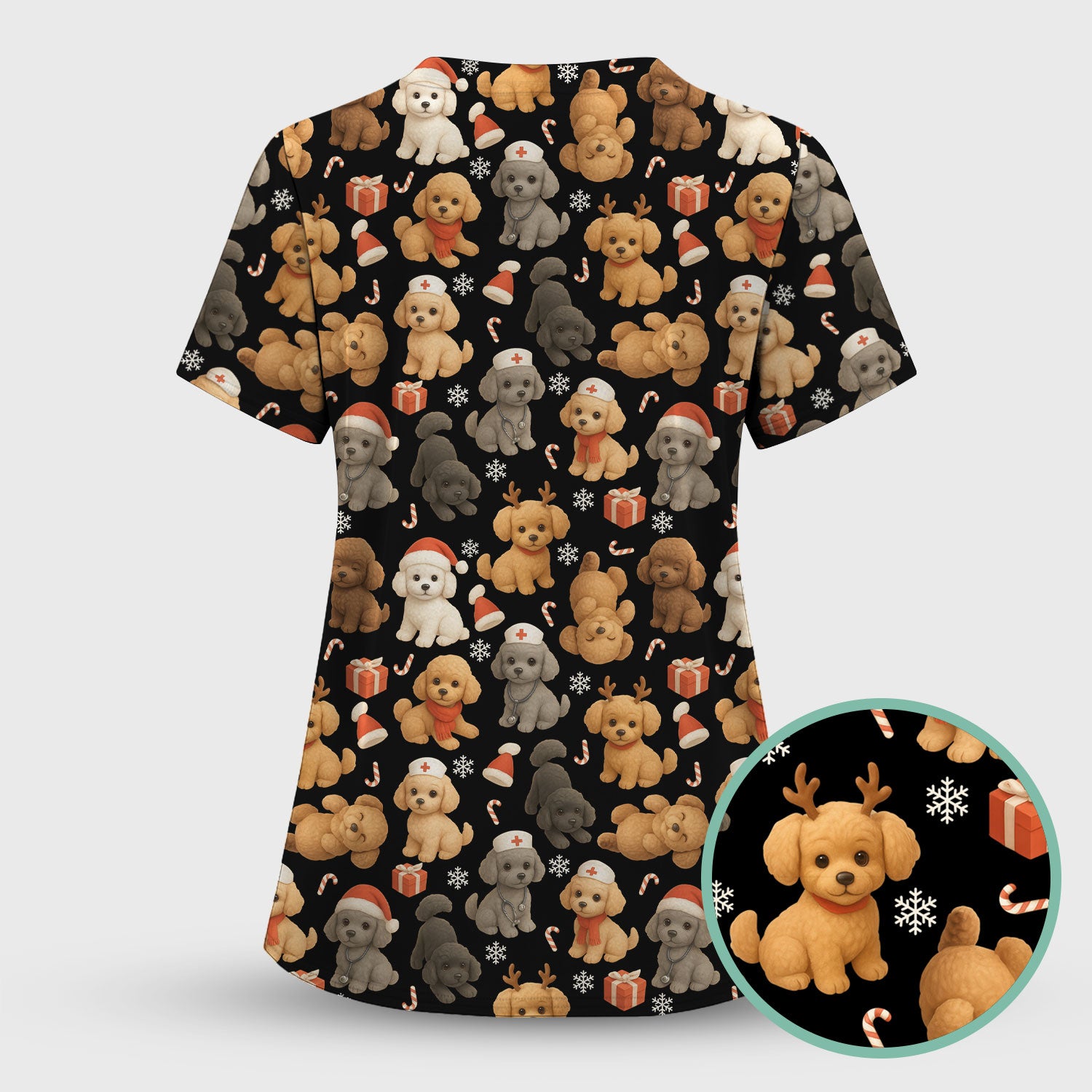 Christmas Poodle Scrubs Set for Women - Cute Dog Pattern Scrub Top & Pants - Festive Holiday Christmas Scrubs with Adorable Poodle Design
