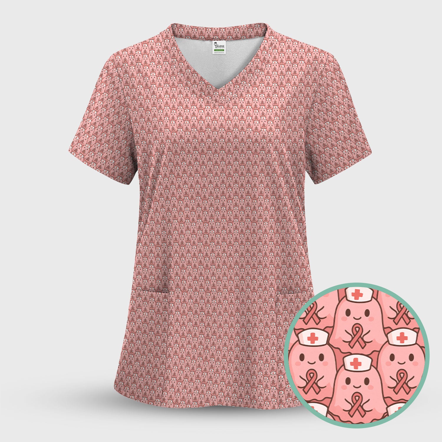 Cute Breast Cancer Awareness Scrub Top - Kawaii Pink Ribbon Ghost Pattern Design - Gift for ER RN LPN Women