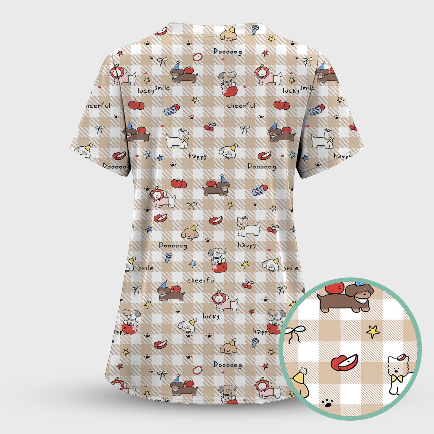 Cute Nurse Cartoon Puppy Apple Gingham Scrub Top, Breathable Fabrics Nursing Uniform