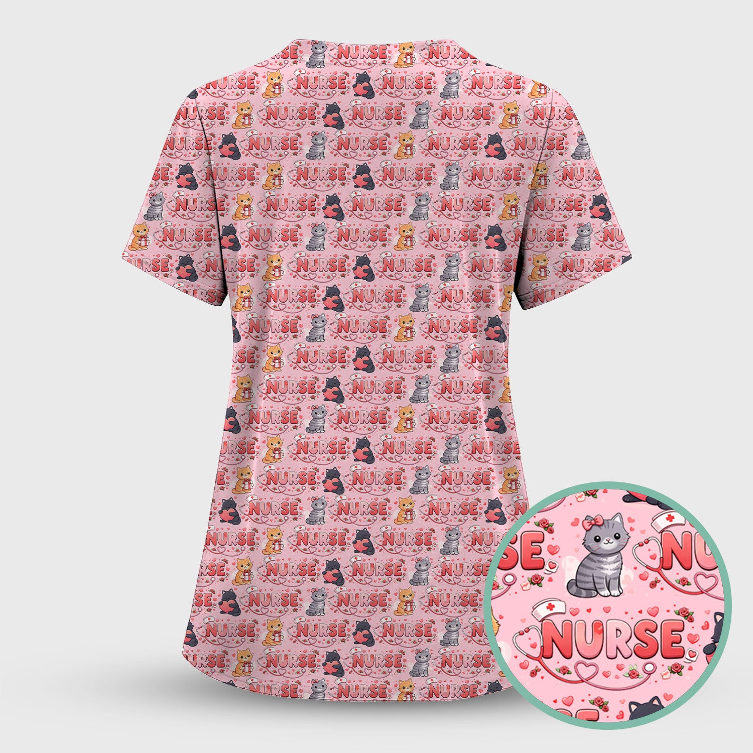 Nurse Cat Heart Pattern Valentine Scrub Top, Comfortable Scrubs for Nurses