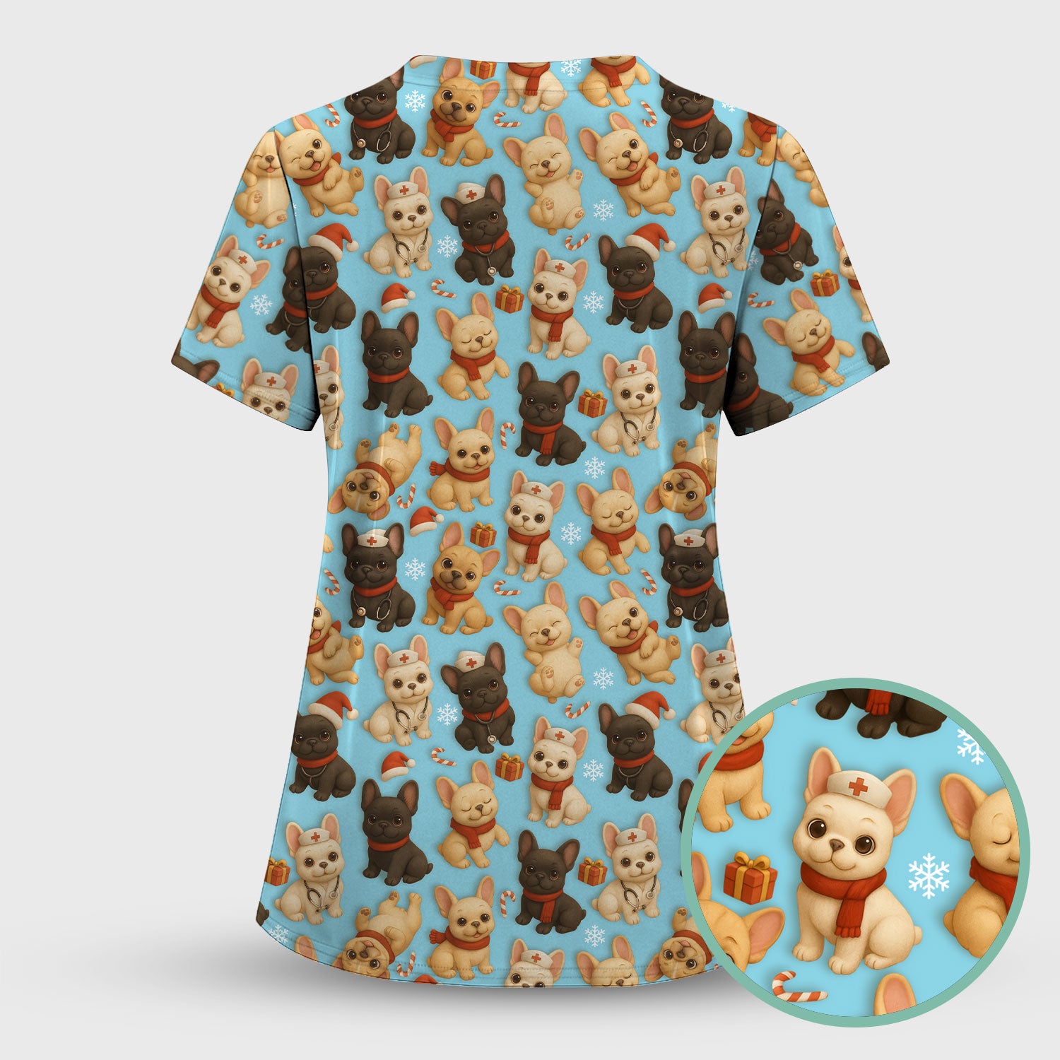 Christmas Dog Scrubs for Women - Cute French Bulldog Pattern Medical Scrub Top - Festive Holiday Nurse Scrubs with Adorable Puppy Design