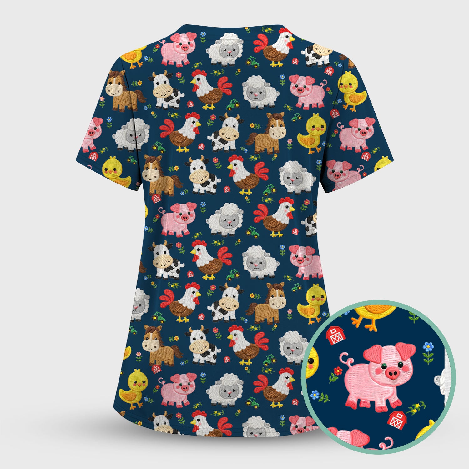 Cartoon Farm Animal Pattern Scrub Top, Breathable Fabrics Nursing Uniform