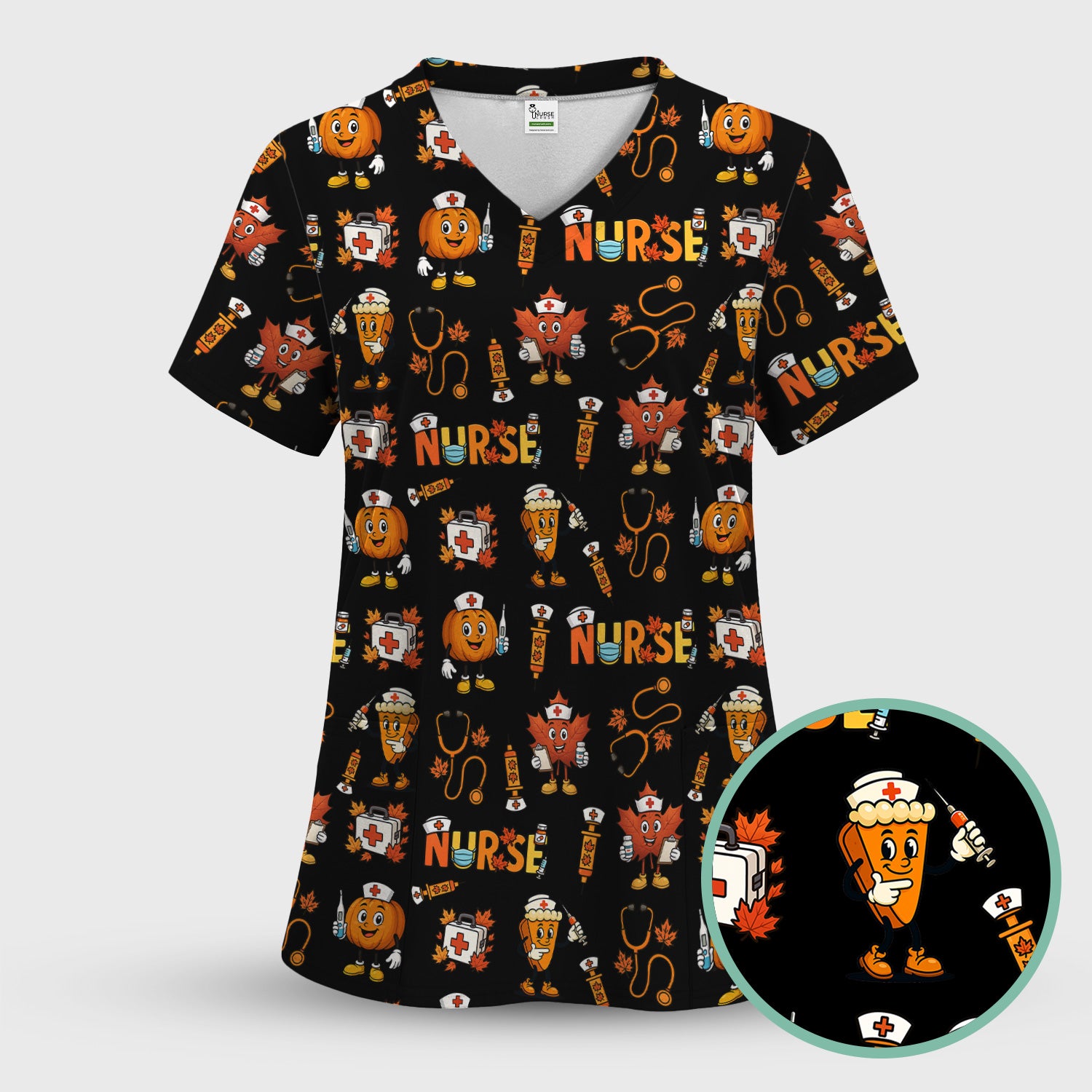 Pumpkin Nurse Scrubs Top for Women - Cute Halloween Nursing Shirt - Funny Fall Scrub Top for Nurses and Medical Workers