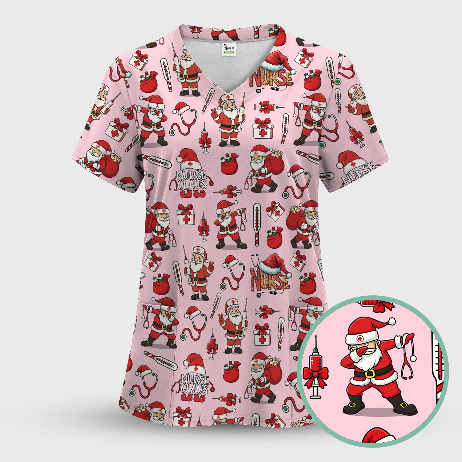 Christmas Nurse Scrub Top Multi Color - Funny Nurse Claus Santa Scrub Shirt - Cute Holiday Nursing Work Shirt with Pockets