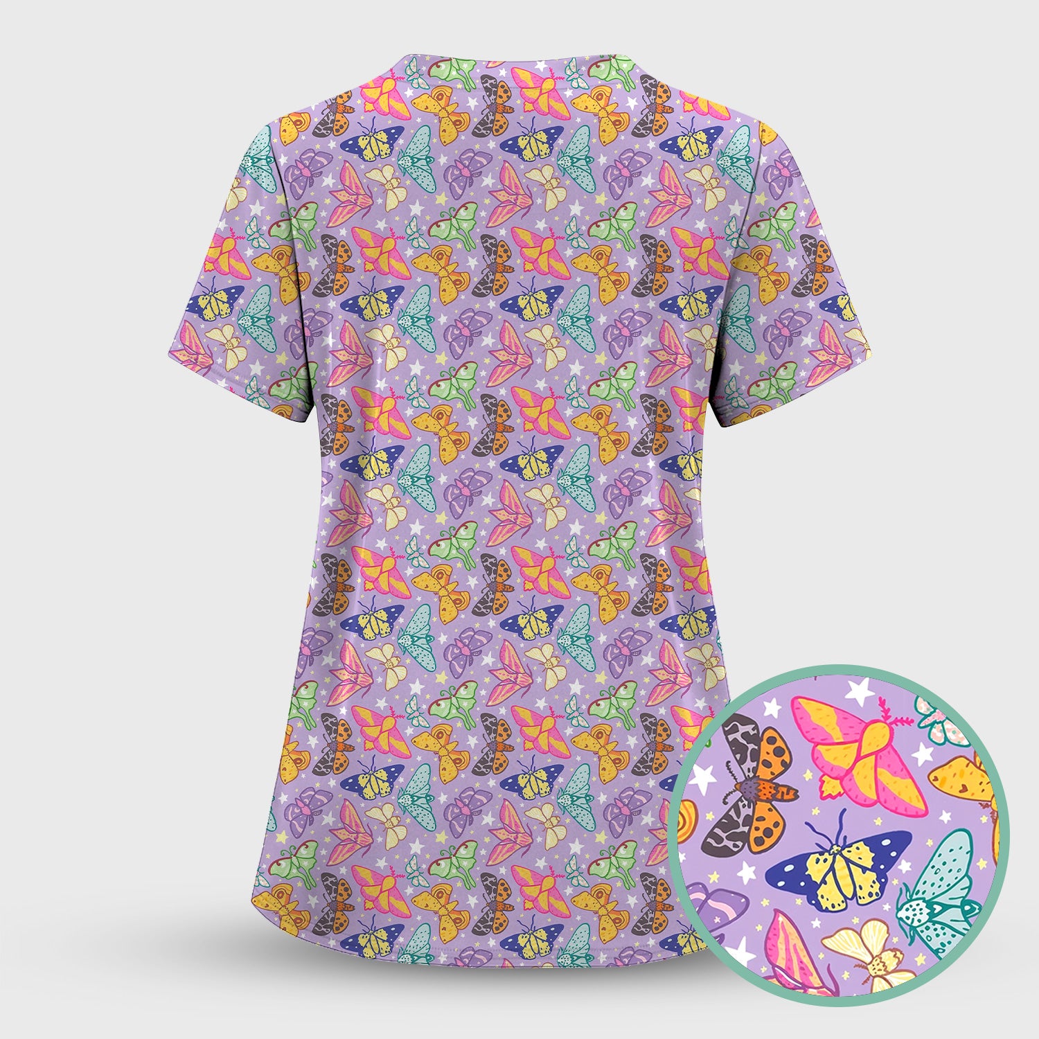Colorful Butterfly Moth Garden Pattern Scrub Top, Comfortable Scrubs for Nurses