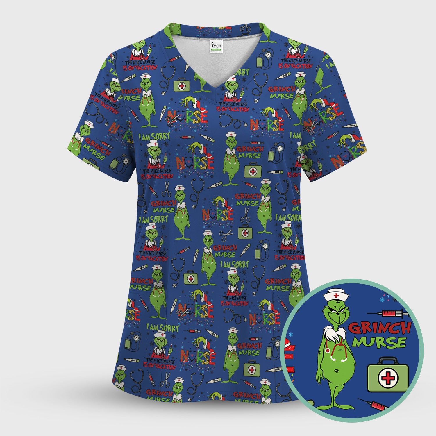 Grinch Nurse Scrub Top - Christmas Medical Uniform - Holiday Healthcare RN LPN CNA Gift