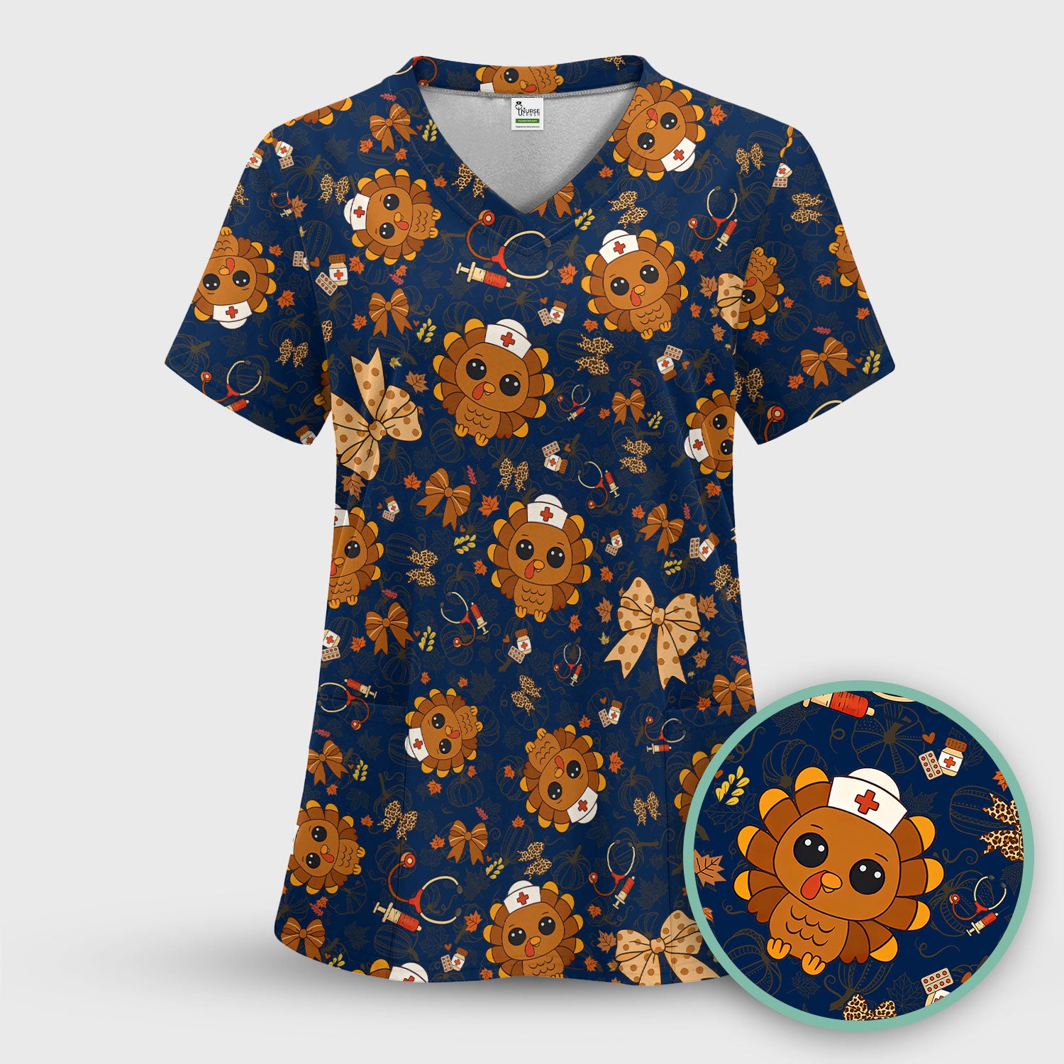 Thanksgiving Turkey Nurse Scrub Top for Women - Cute Fall Leaves and Bow Shirt - Autumn Medical Shirt Gift for RN CNA LPN Doctor