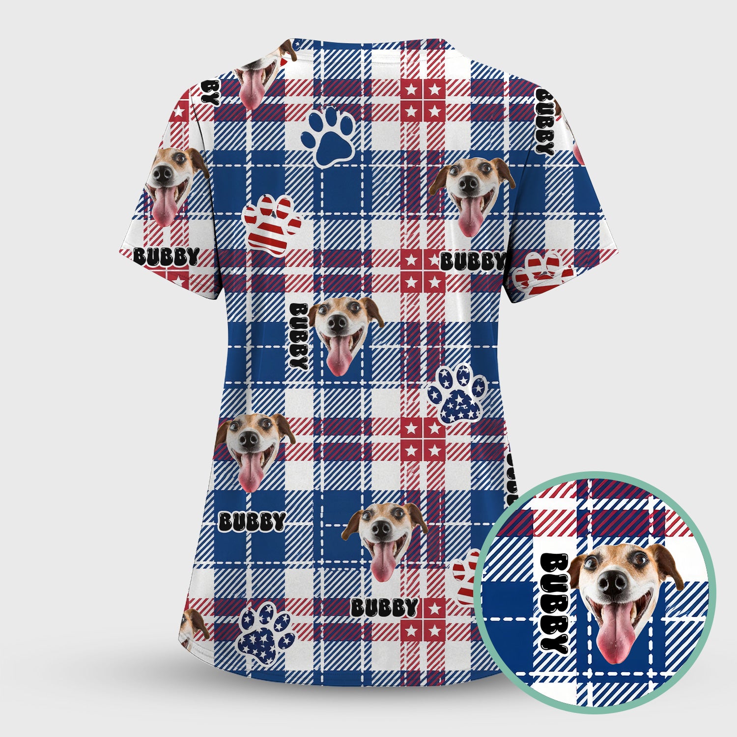 Custom Dog Face Scrub Set, Patriotic Dog Plaid Pattern Shirt, Scrub Pants and V Neck Top