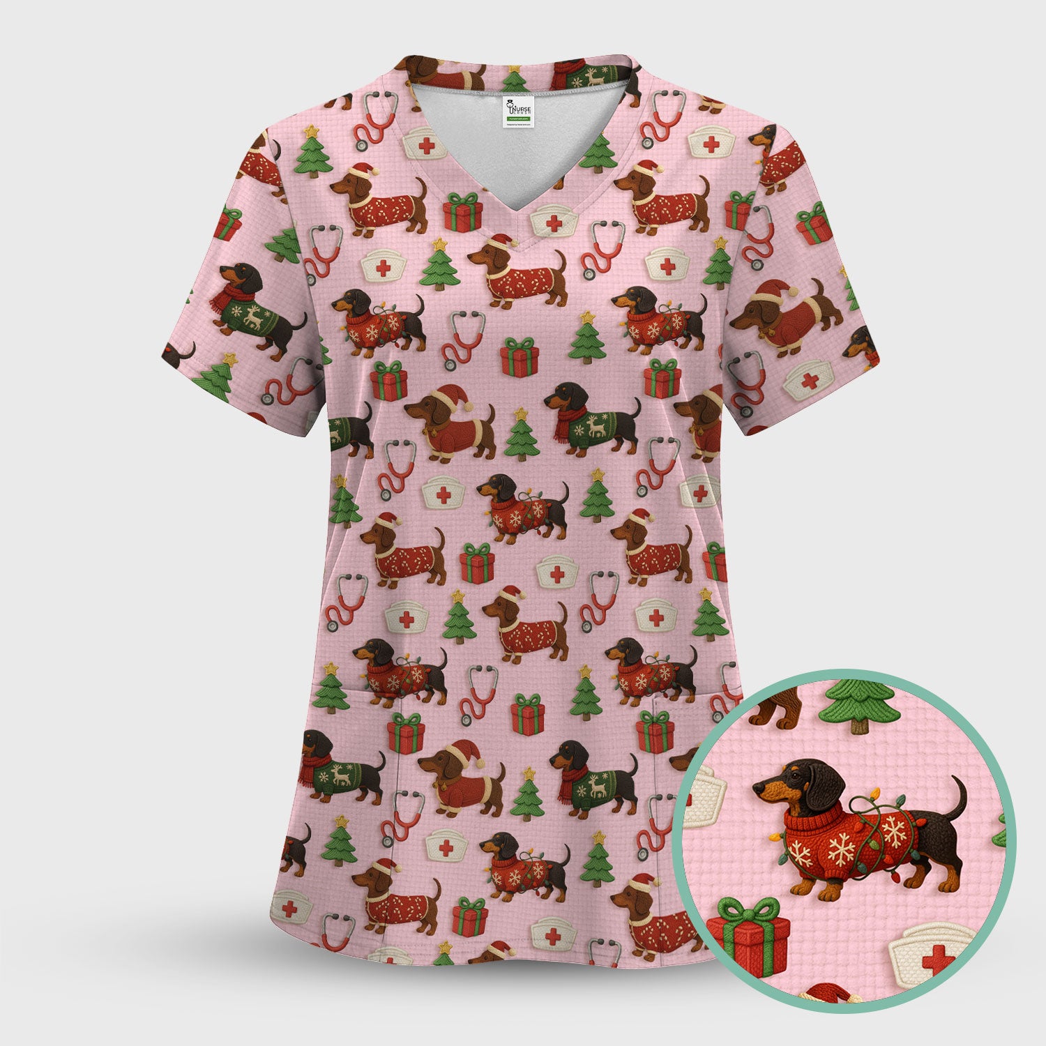 Christmas Nurse Scrubs for Women - Cute Dachshund Dog Print with Holiday Gifts & Trees - Custom Multi Color Nursing Shirt Gift