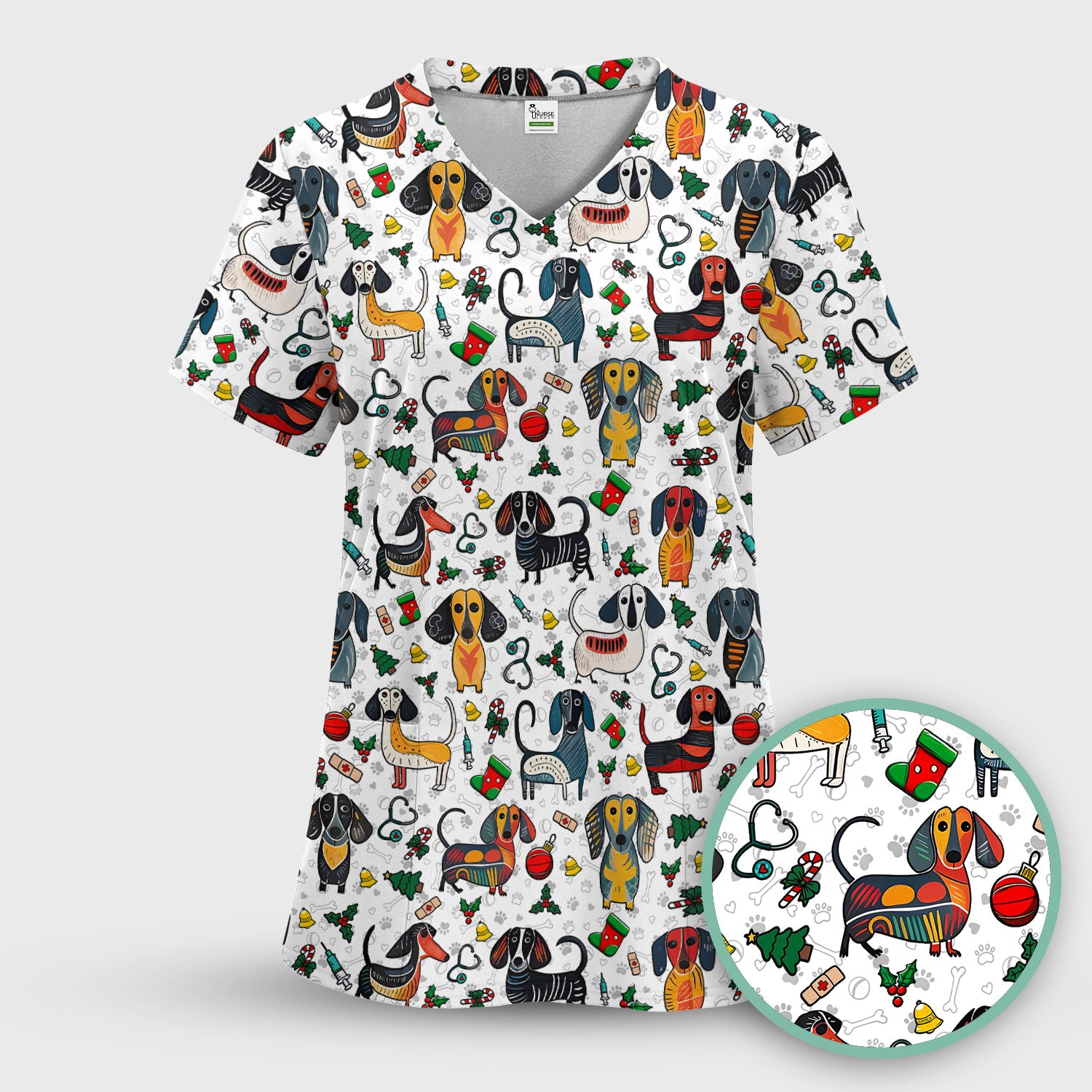Dachshund Christmas Scrub Top - Cute Wiener Dog Nurse Uniform for Women - Holiday Medical Shirt