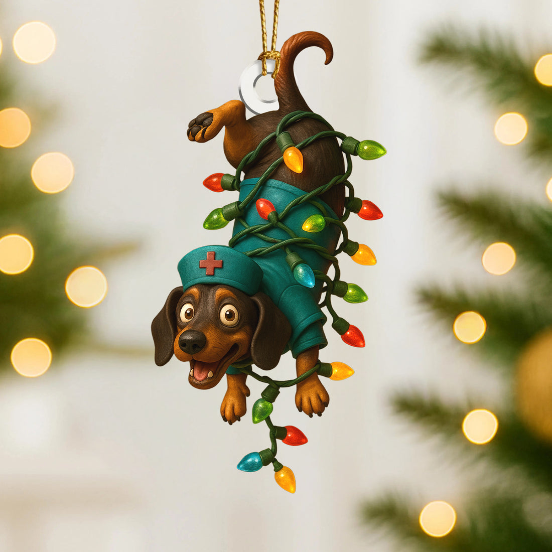 Personalized Nurse Dachshund Ornament, Funny Wiener Dog Christmas Ornament With Lights, Custom Medical Ornament for RN, LPN, CNA Gift