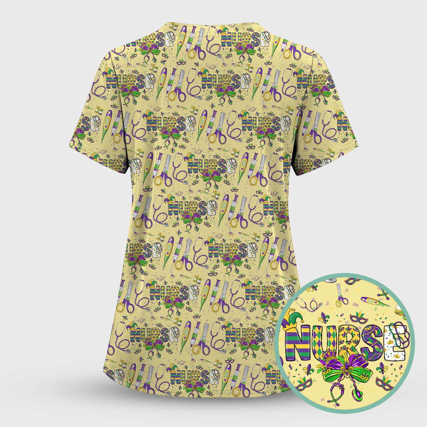 Mardi Gras Nurse Scrub Top, Holiday Medical Pattern Nurse Shirt, Breathable Fabrics Nursing Uniform