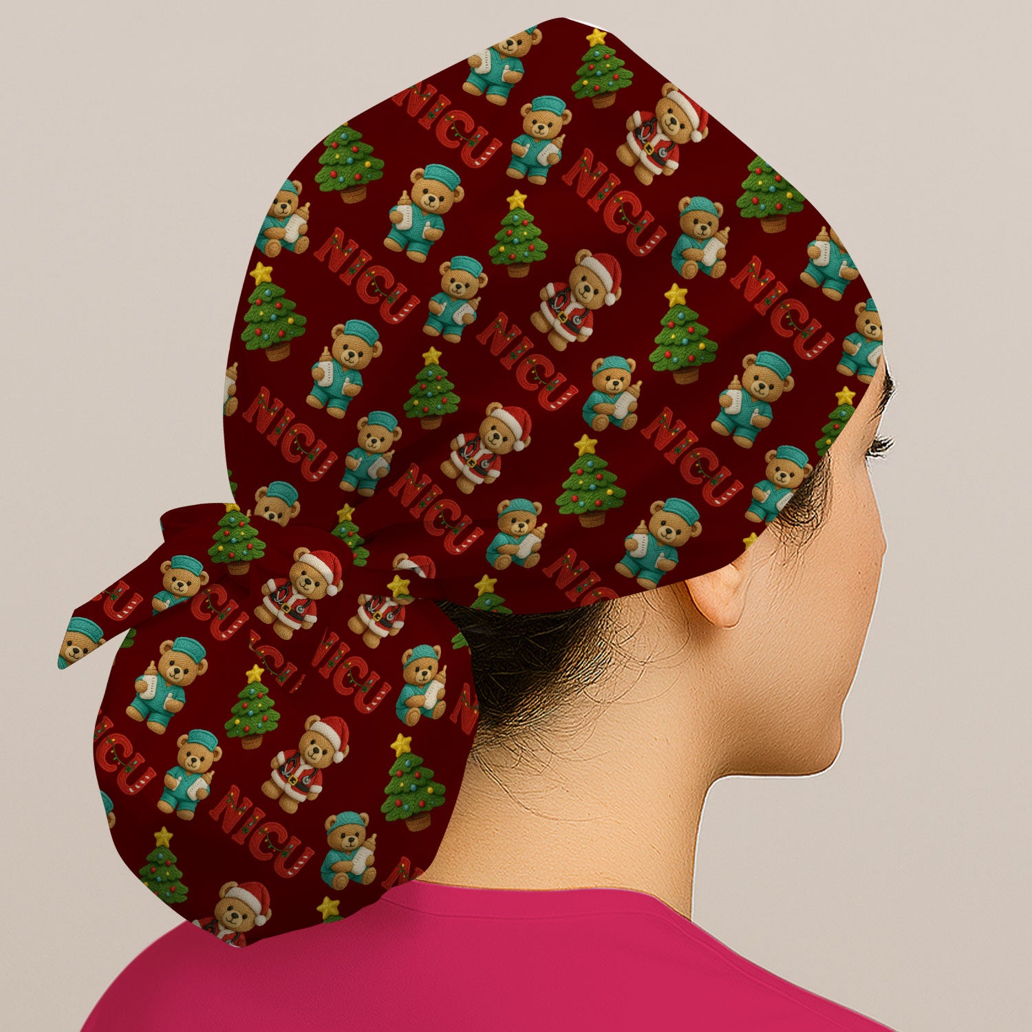 Festive Christmas NICU Nurse Teddy Bear Pattern Print Cap, Bouffant Scrub Caps for Women