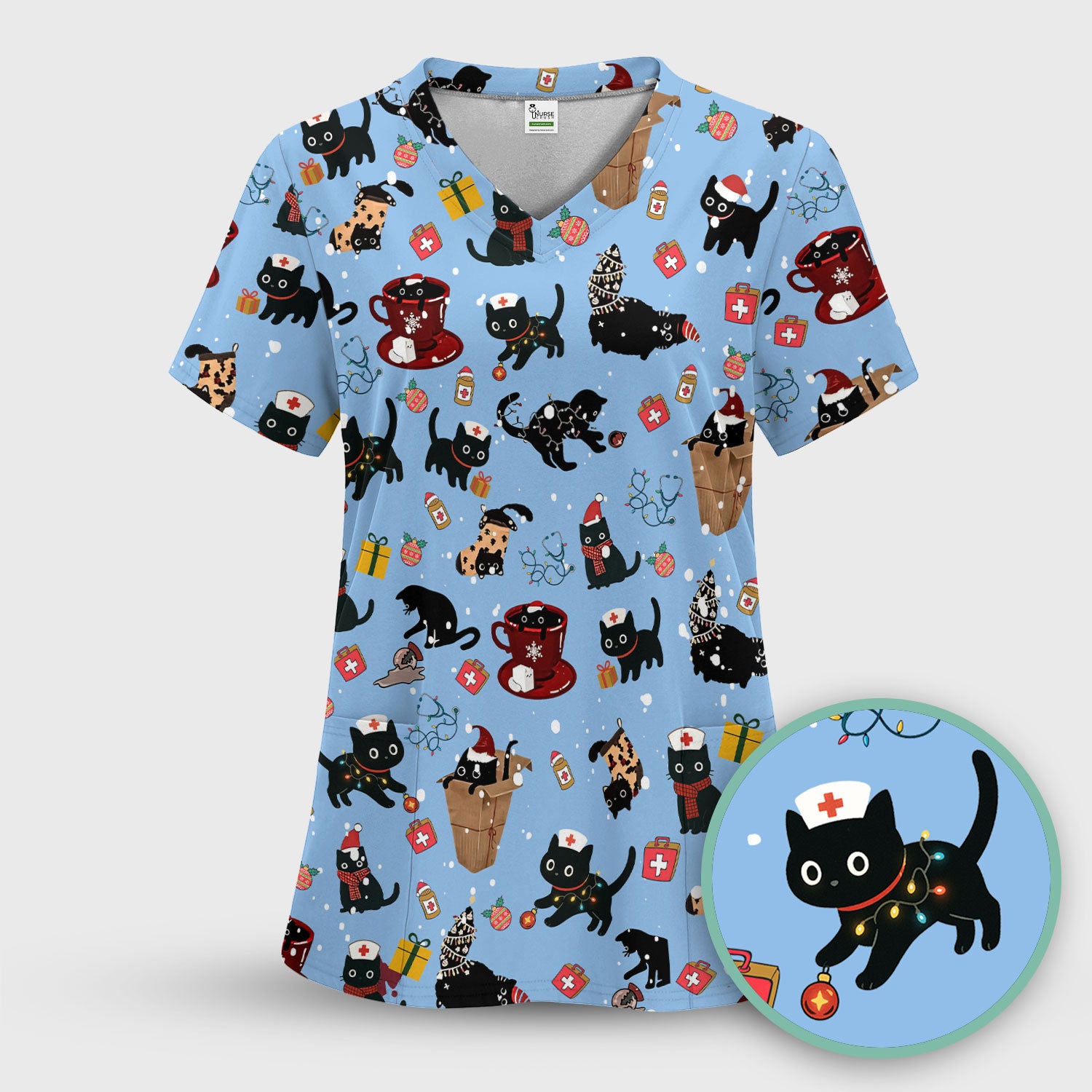 Christmas Cat Scrub Top for Nurse - Funny Black Cats Shirt - Cute Holiday Medical Uniform for Women
