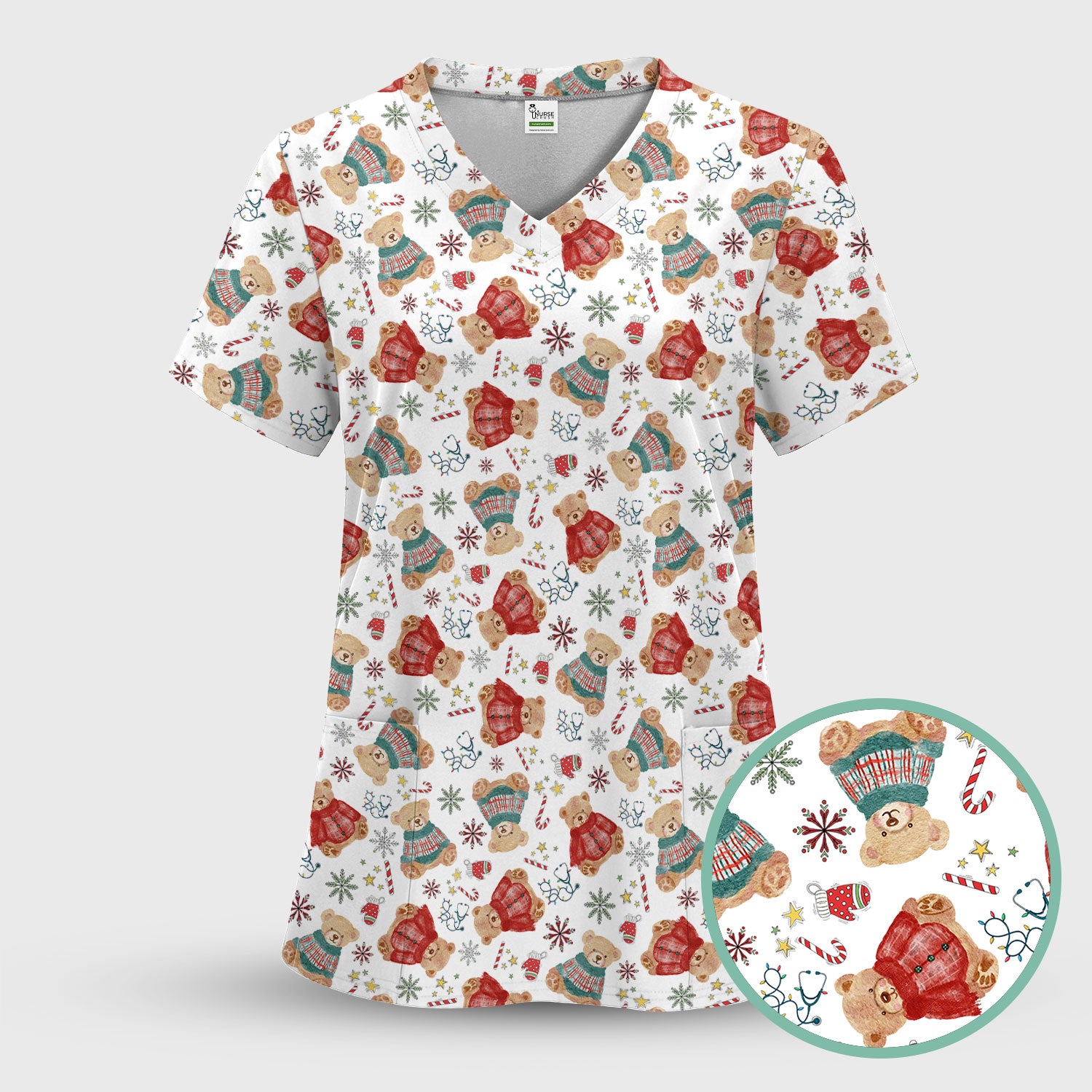 Funny Christmas Scrub Shirt - Cute Bear Winter Print Scrubs - Holiday Medical Scrub Top Gift for Women, Men, CNA RN, Doctor Nurse Christmas Outfit