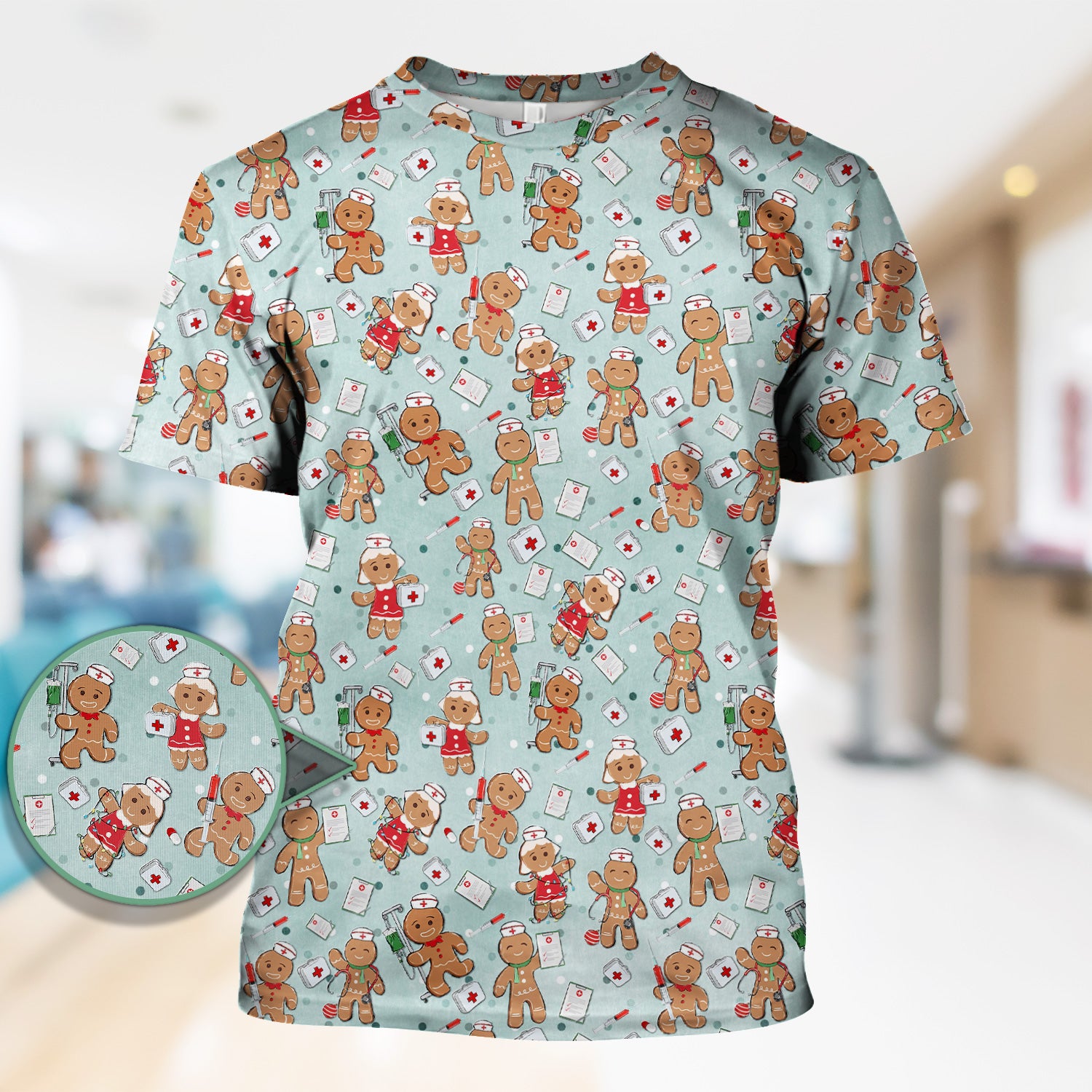 Cute Nurse Christmas Scrub Top - Funny Gingerbread Man & Medical Design - Gift for Women RN LPN & Pediatric Nurses