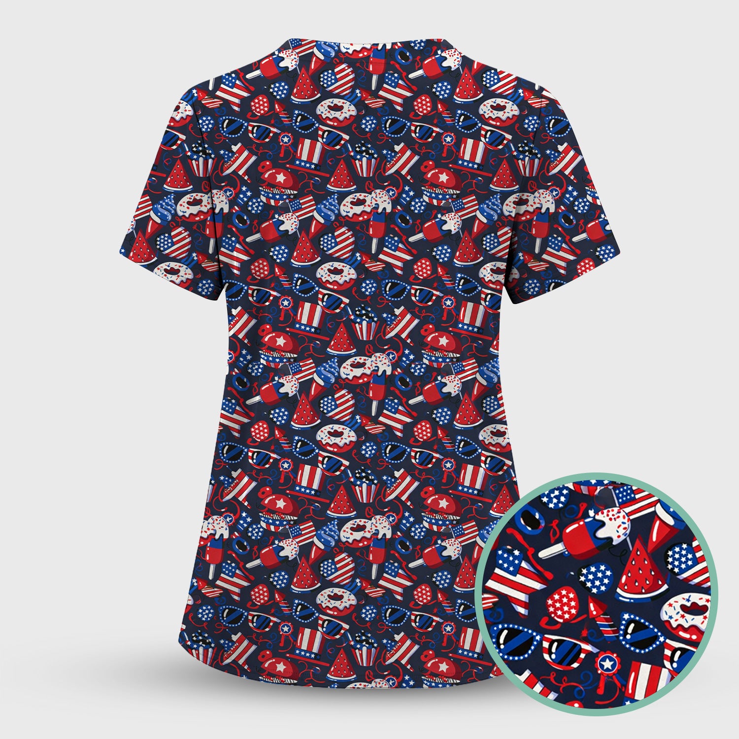 Cute Patriotic Print V Neck Scrub Set for Healthcare Workers, Red Blue Uniform