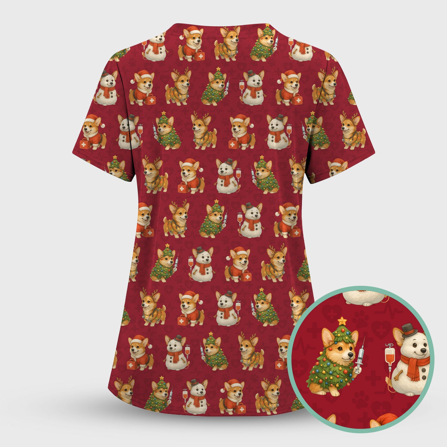 Cute Christmas Corgi Scrubs - Festive Pattern Scrub Top for Women - Cozy Holiday Nurse Scrubs Gift for Dog Lovers