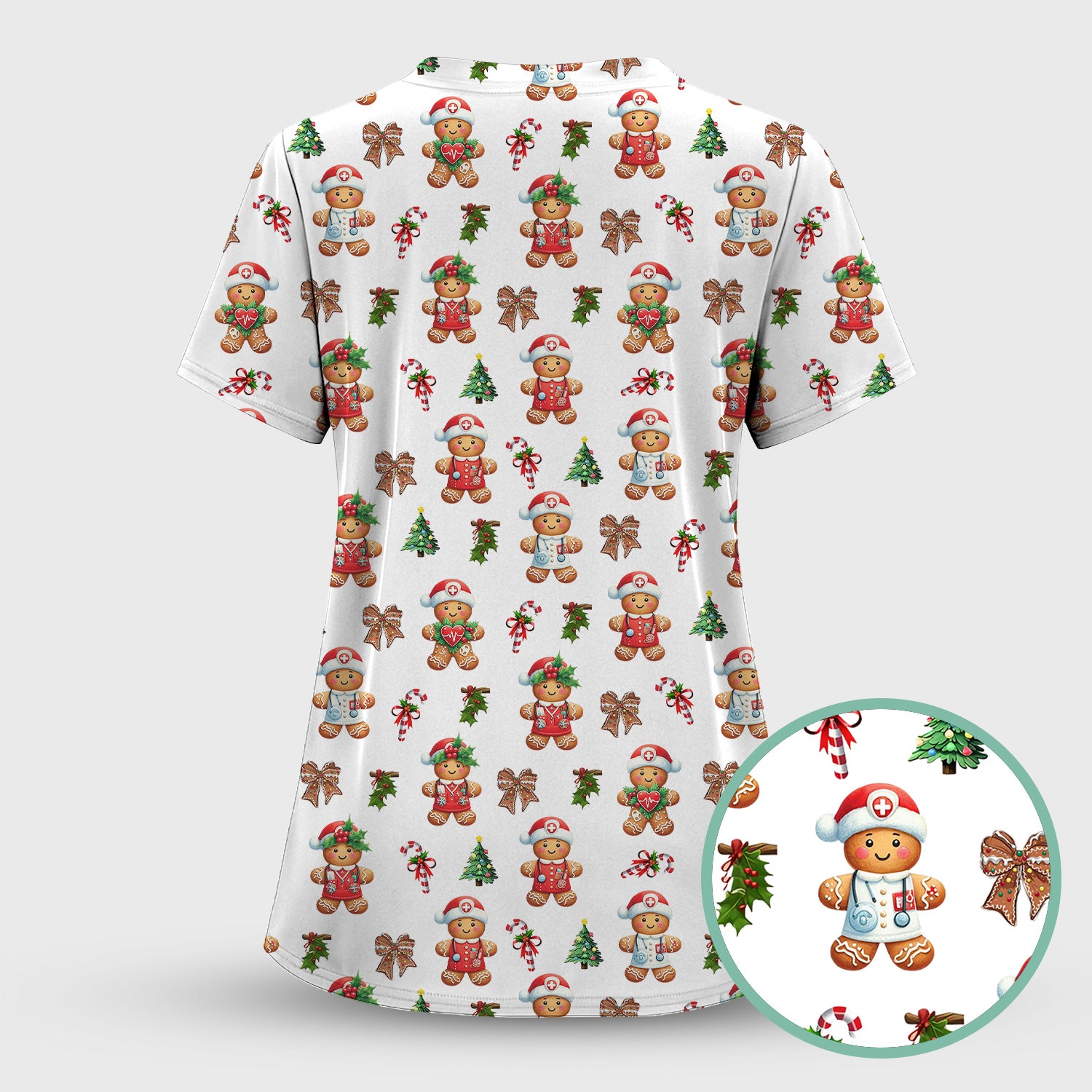Funny Christmas Scrub Top for Nurse - Adorable Gingerbread Candy Cane Bow- Festive Medical Uniform for Women