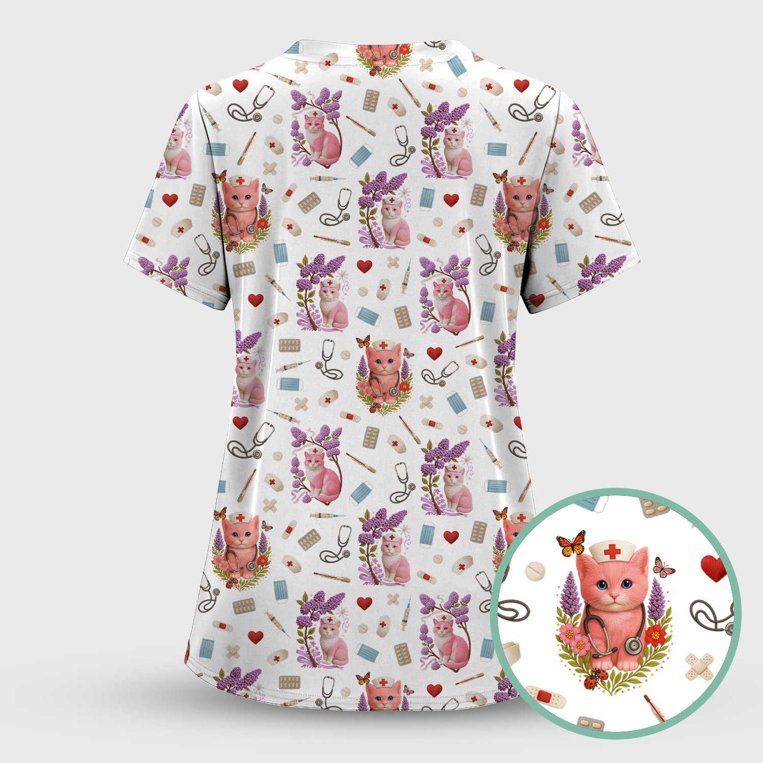 Pink Cat Print Medical Scrub Top - Cute Nurse Shirt for Women - Funny Pattern Gift for RN LPN CNA Healthcare Workers