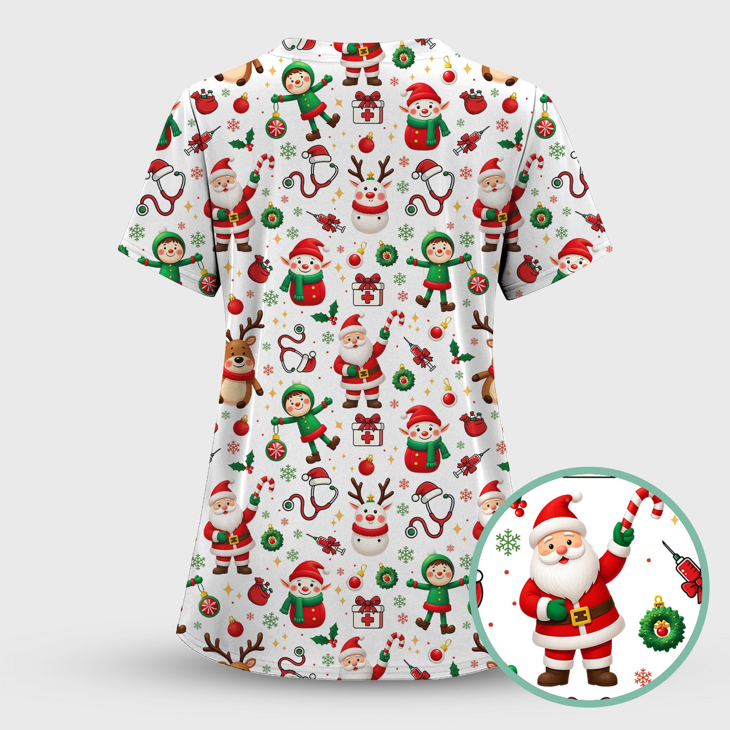 Santa Christmas Scrub Top - Cute Holiday Nurse Medical Shirt - Festive Reindeer Med Uniform for Women RN CNA LPN