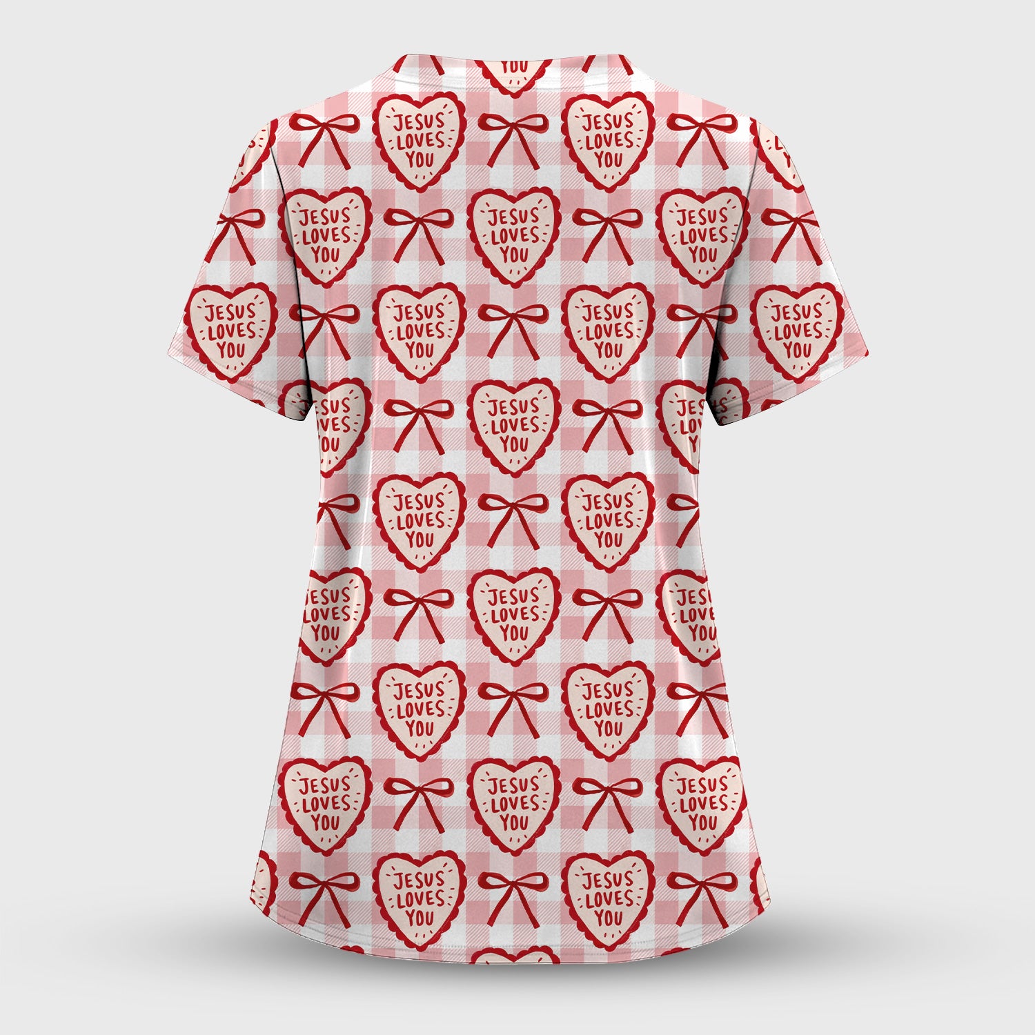 Jesus Loves You Heart Plaid Print Scrub Top, Breathable Fabrics Nursing Uniform