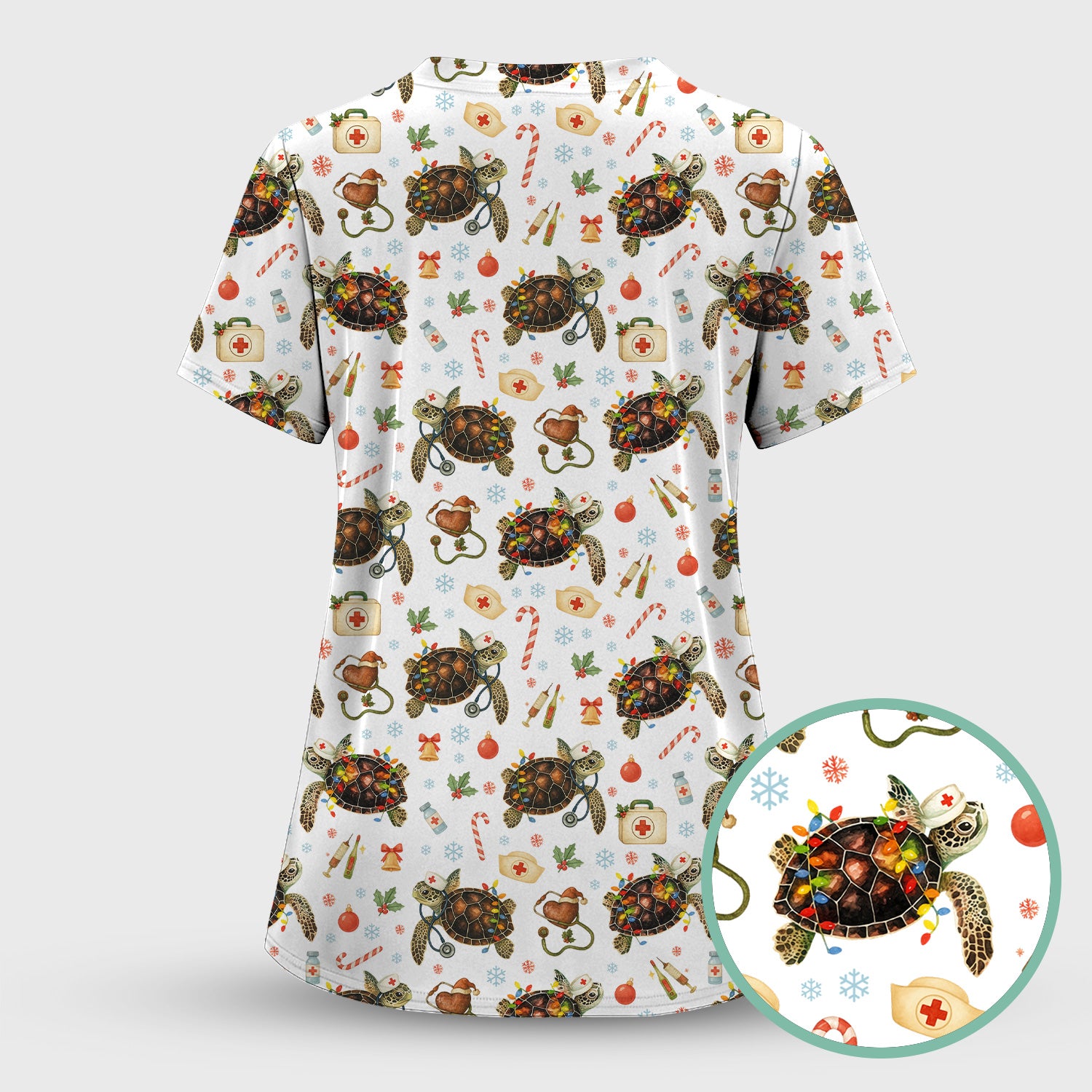Funny Christmas Scrub Top - Sea Turtle with Xmas Lights Shirt - Holiday Nurse Scrubs for Women