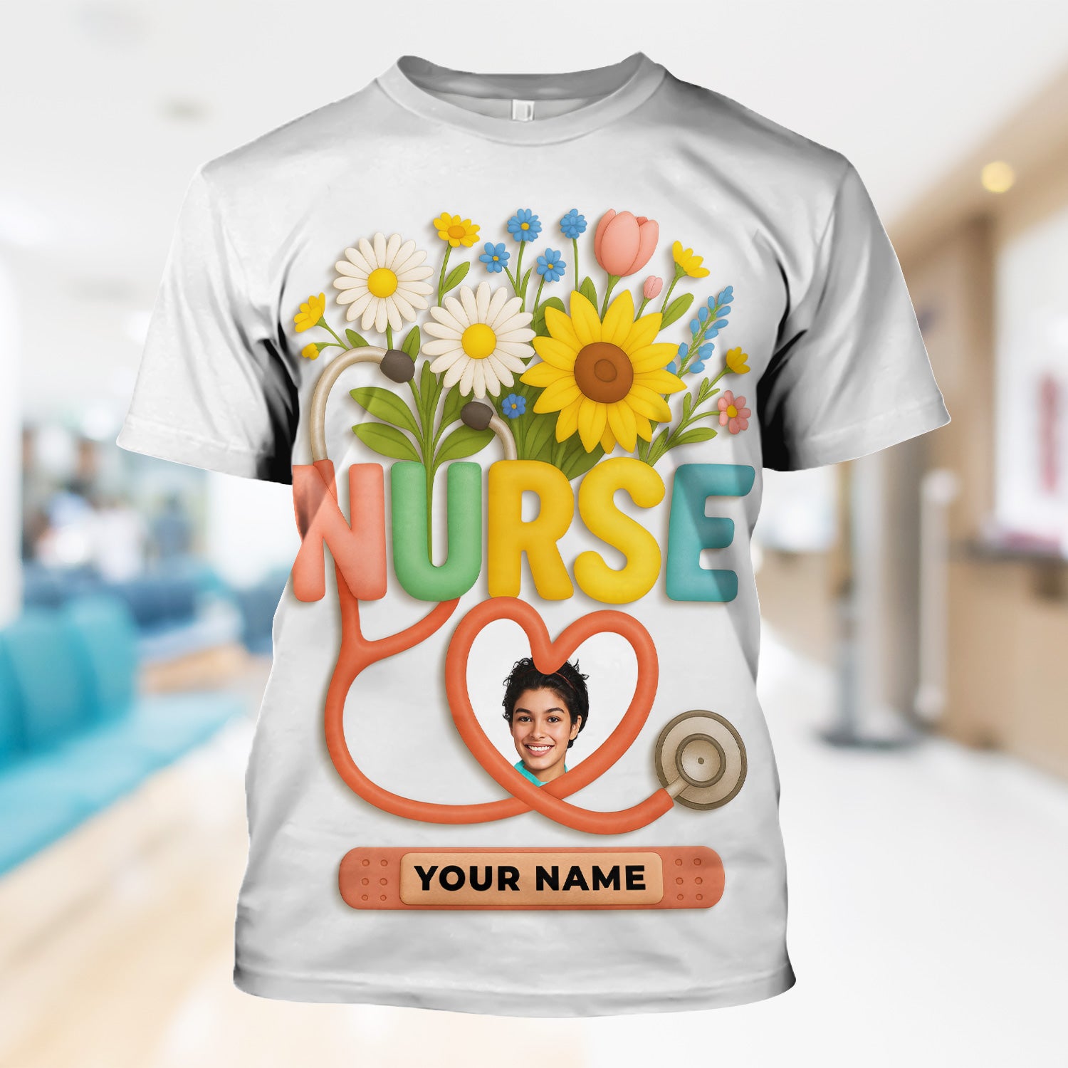 Nurse Appreciation Shirt for CNA RN LPN - Floral Heart Stethoscope Design - Custom Photo & Name Gift for Women Healthcare Workers - Multiple Shirt Colors Available