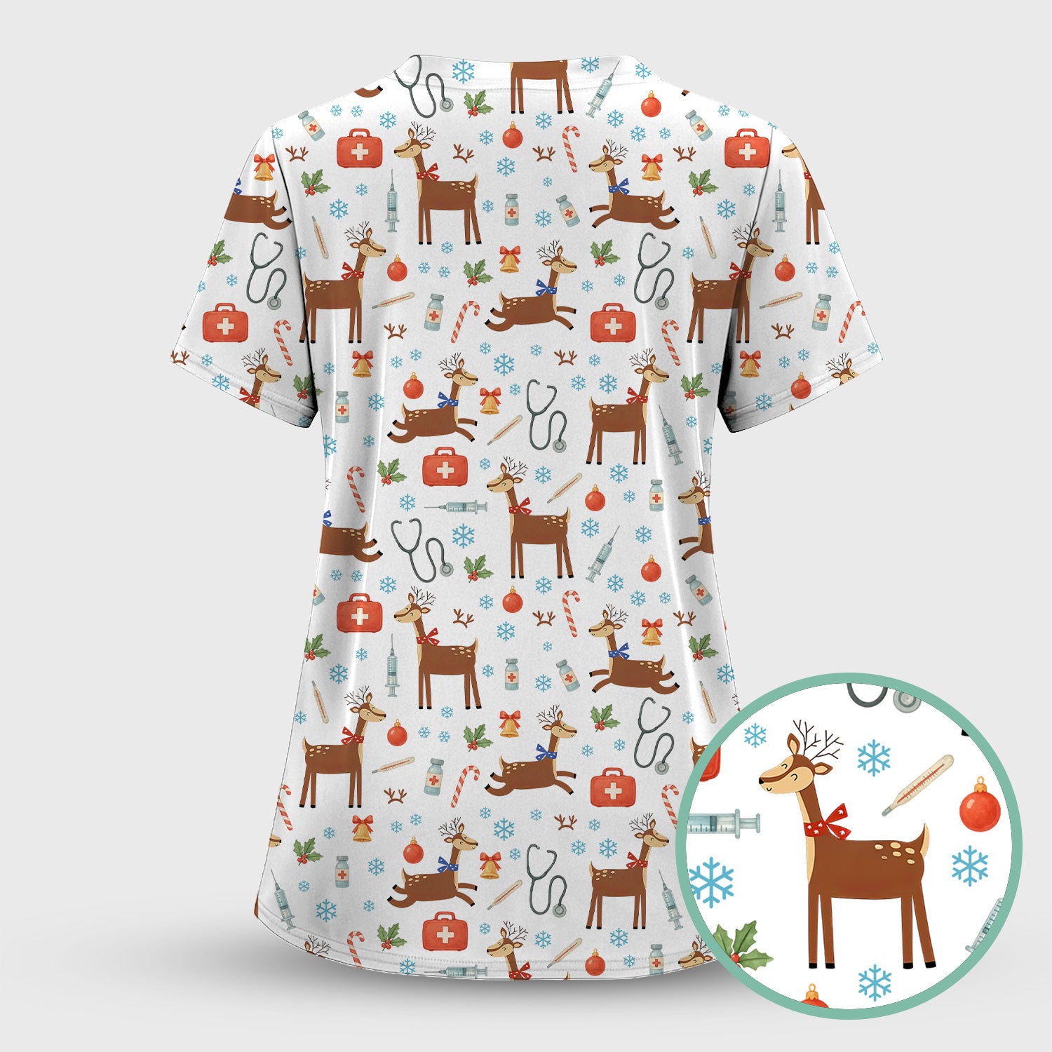 Christmas Reindeer Scrub Top for Nurses - Cute Reindeers Snowflakes Candy Canes Shirt - Comfortable Med Uniform