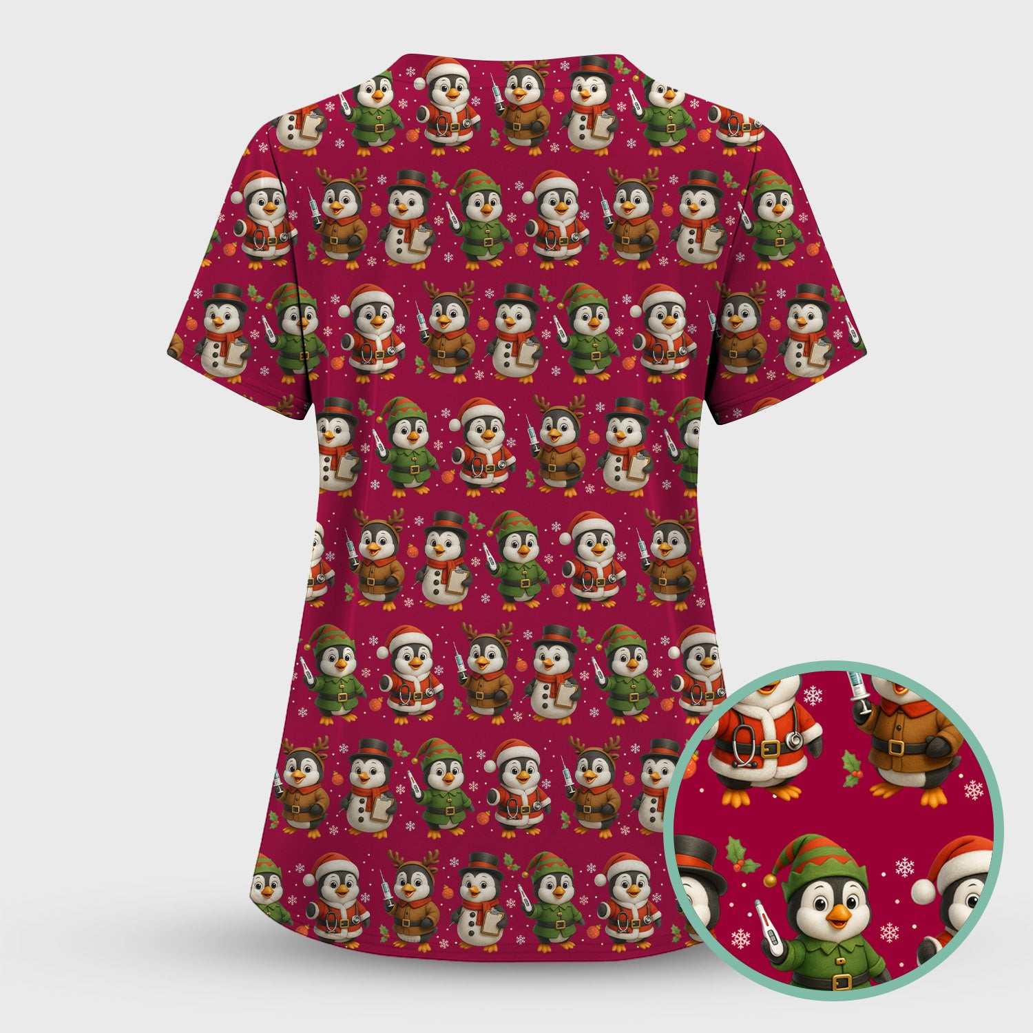 Penguin Christmas Scrubs Set - Adorable Holiday Pattern Scrub Top & Pants - Cute Penguin Scrubs for Women Christmas Season