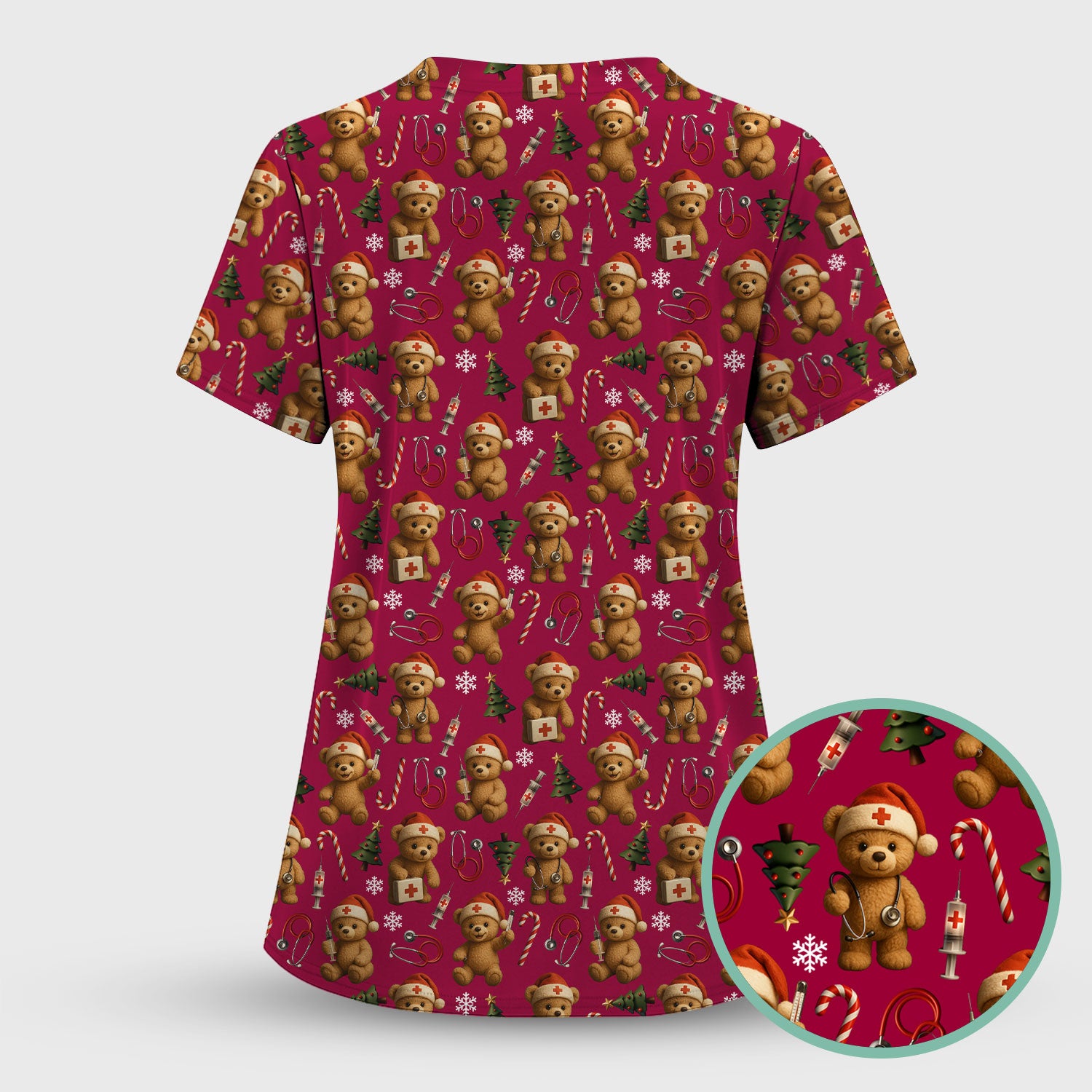 Teddy Bear Christmas Scrubs for Women - Cute Nurse Bear Pattern Medical Scrub Top - Holiday Christmas Scrubs with Fun Festive Design
