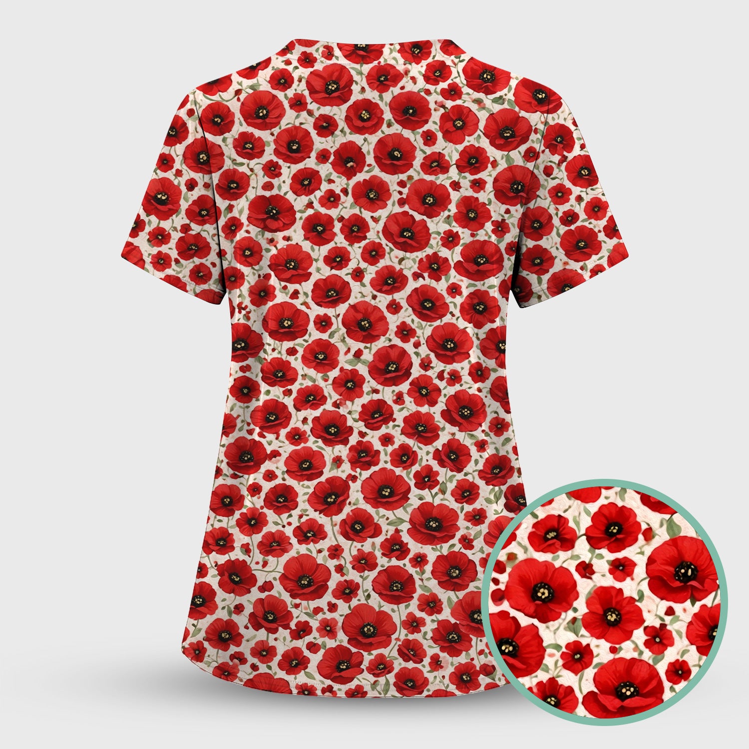 Pretty Red Poppy Flower Garden Pattern Scrub Top, Comfortable Scrubs for Nurses