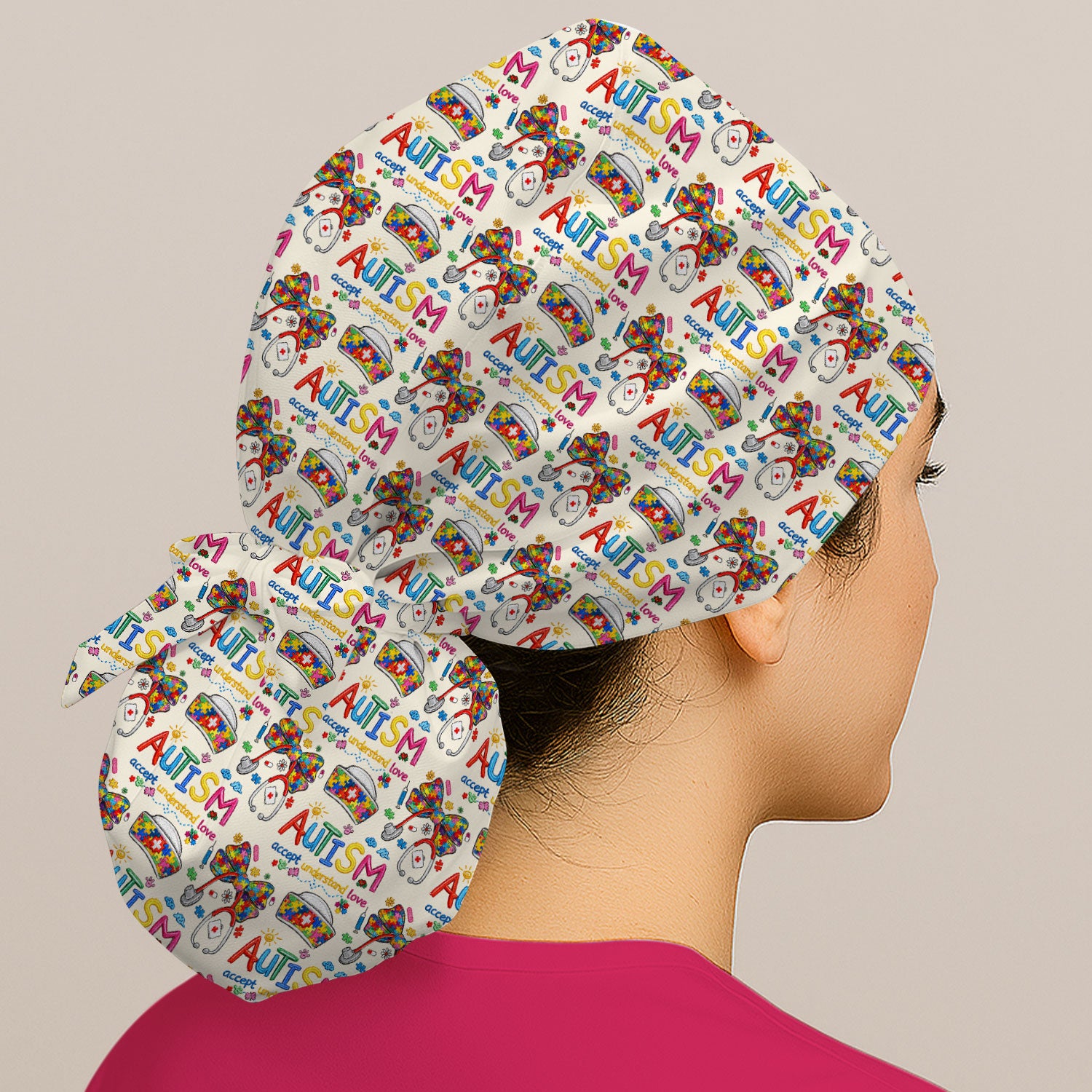 Autism Awareness Pattern Nurse Scrub Cap, Accept Understand Love Puzzle Nurses Hat, Breathable Fabrics Nursing Uniform