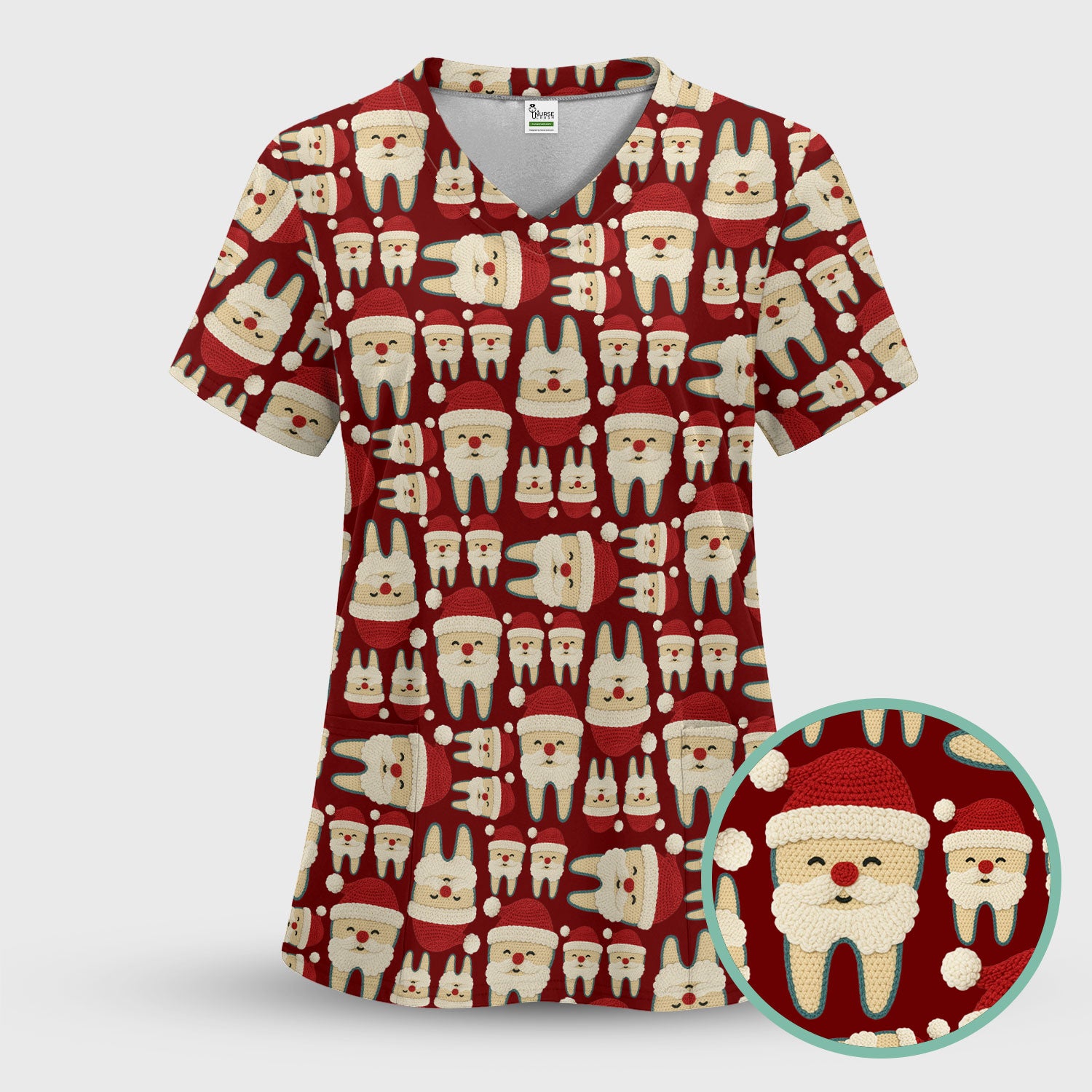 Christmas Tooth Scrub Top - Cute Santa Tooth Pattern for Dentists & Hygienists - Crochet Style Holiday Medical Uniform for Women