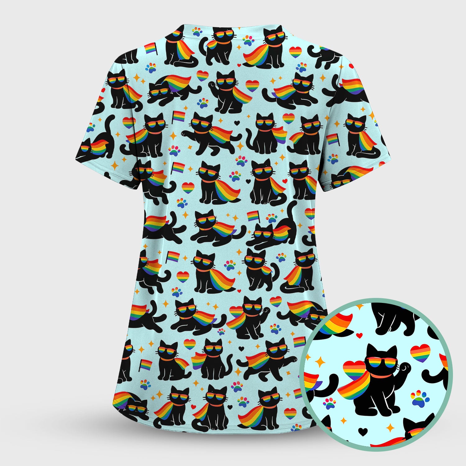 Rainbow Black Cat Pride Pattern Scrub Top, Breathable Fabrics Nursing Uniform