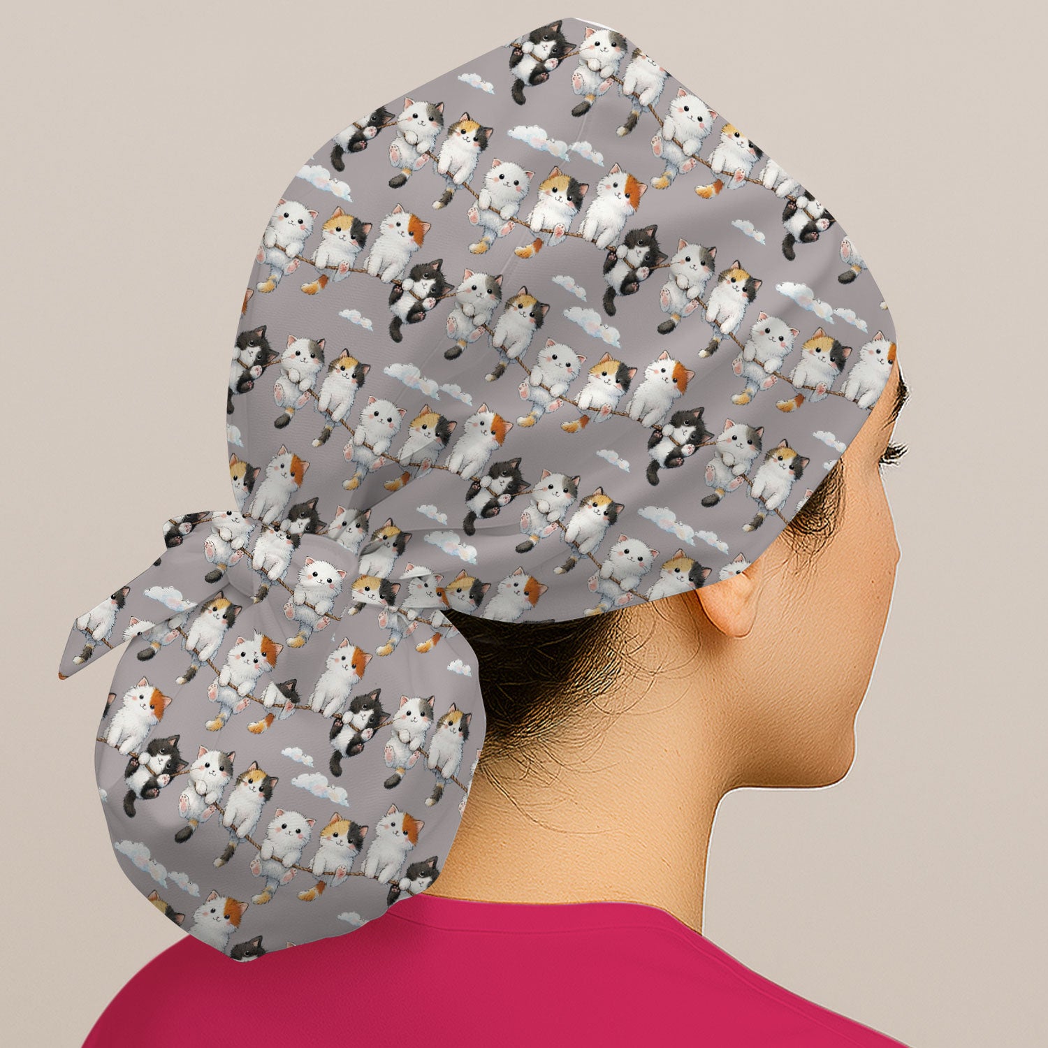Cute Cats Sitting on Rope Pattern Caps, Bouffant Scrub Caps for Women