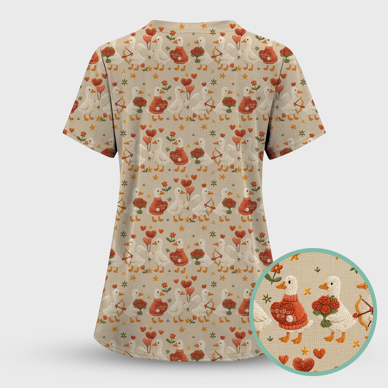 Cute Goose Nurse Scrub Top, Valentine Farm Medical Pattern Shirt, Breathable Fabrics Nursing Uniform